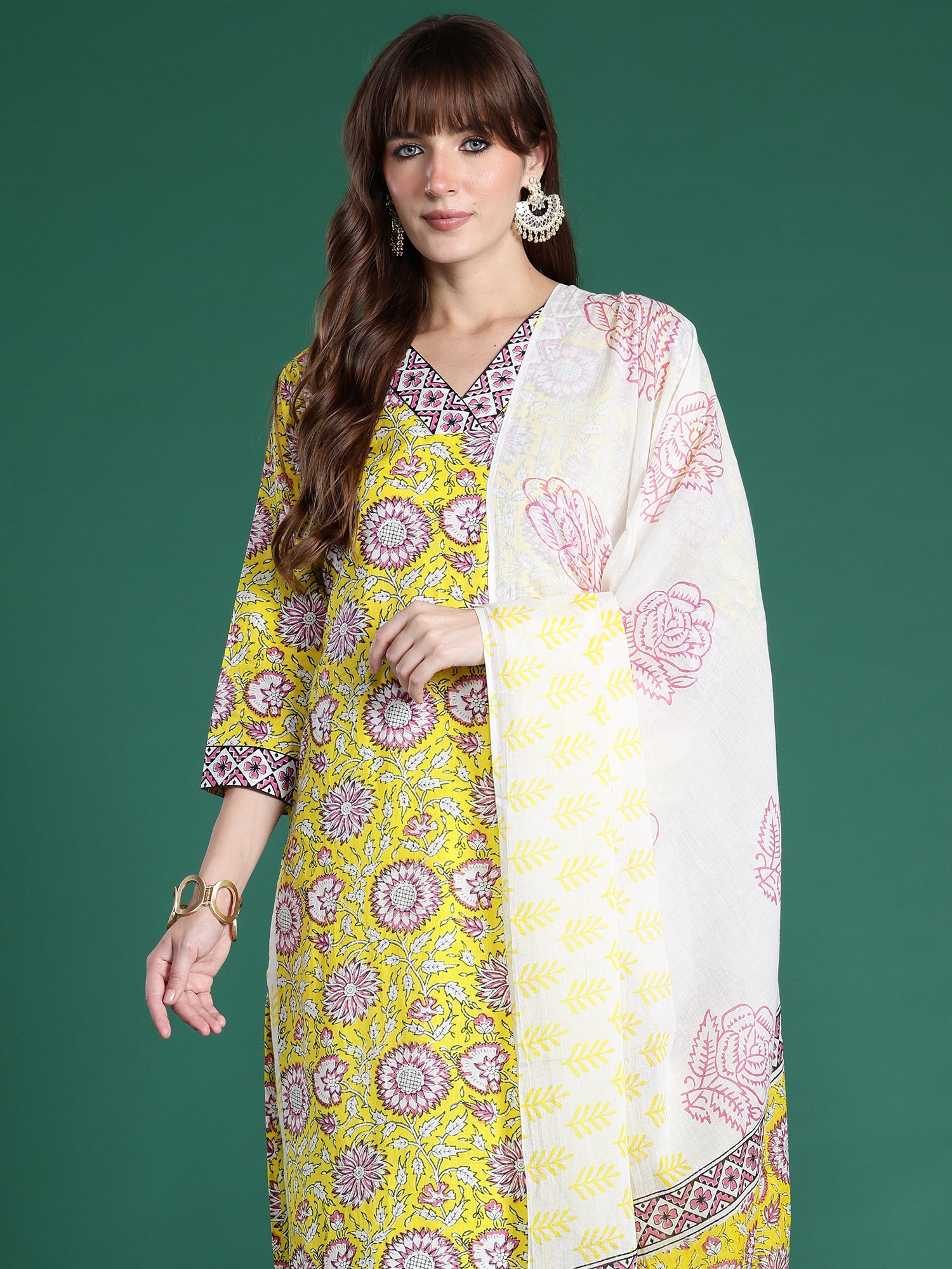 Indo Era Yellow Printed Straight Kurta Trousers With Dupatta Set- IE