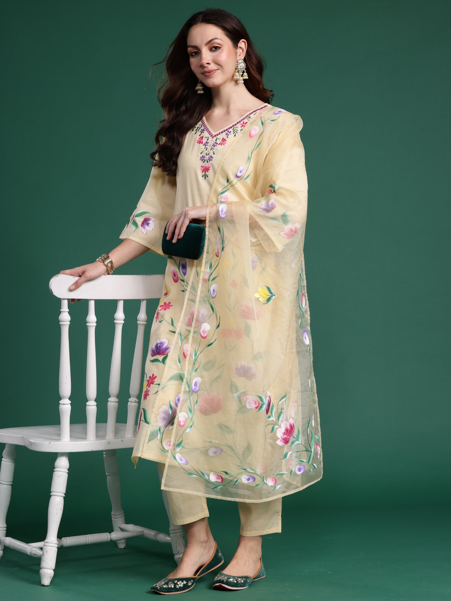 Indo Era Yellow Embroidered Straight Kurta Trousers With Dupatta Set- IE