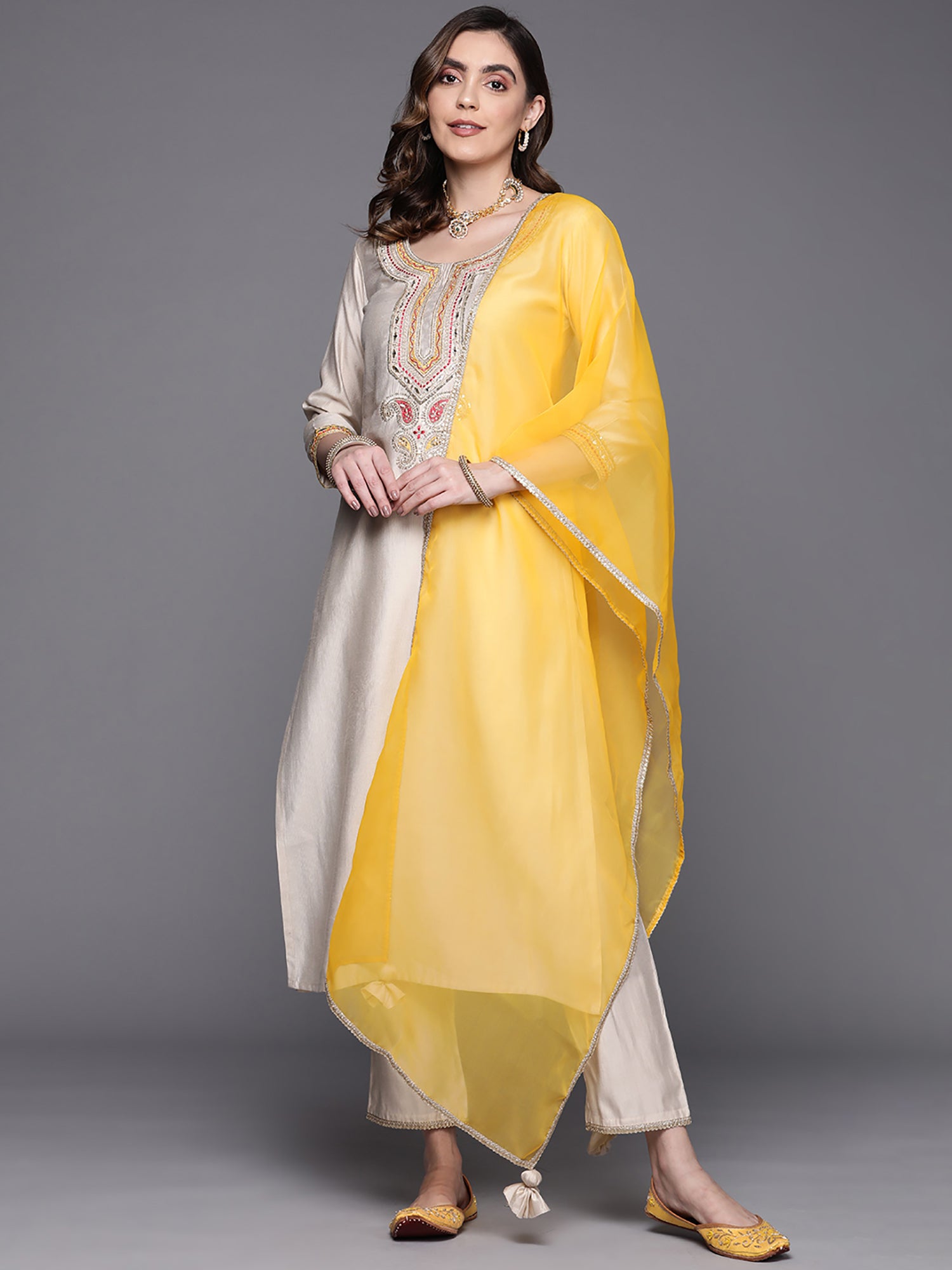 Off White Embroidered Straight Kurta Trousers With Dupatta Set