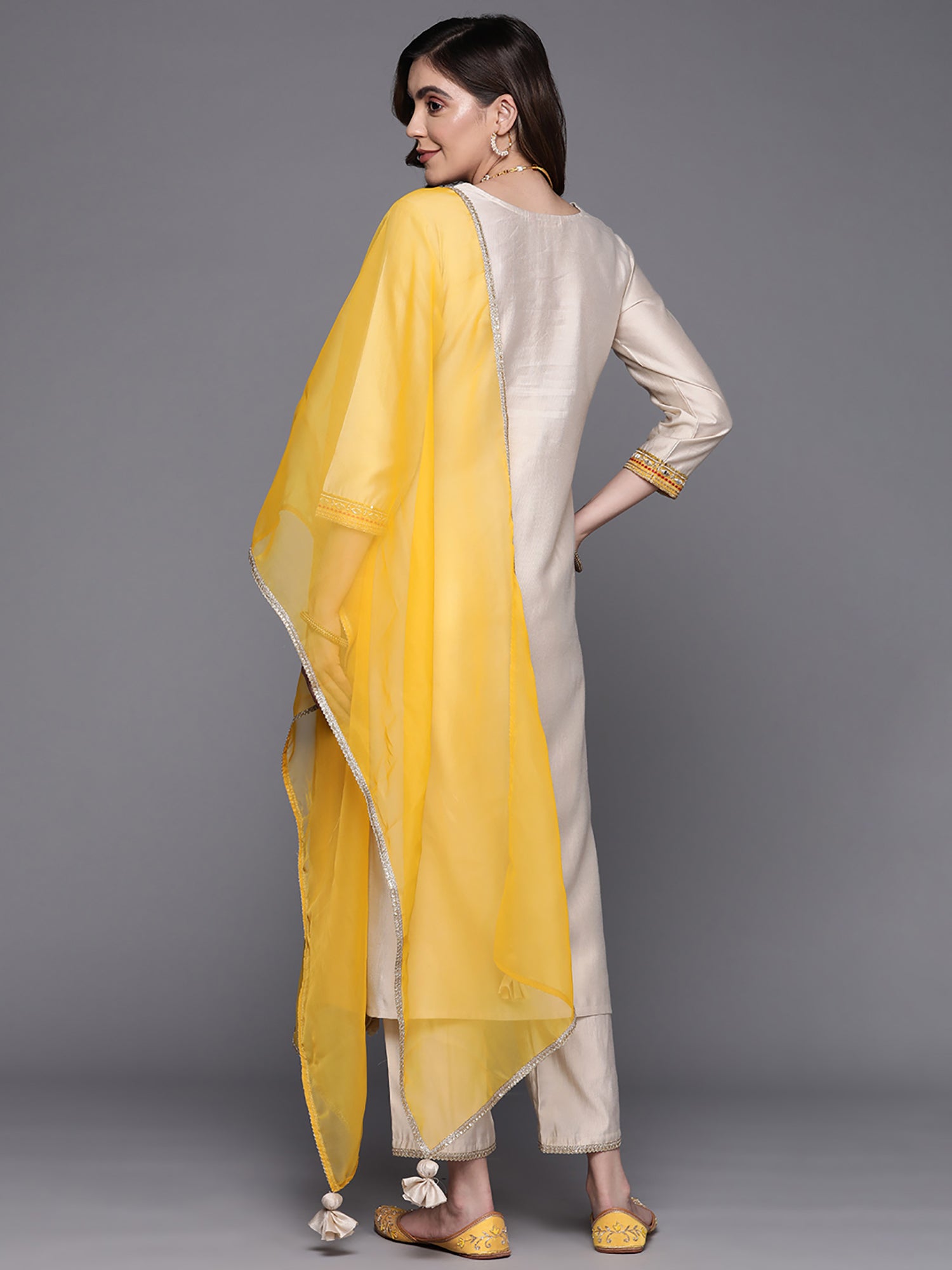 Off White Embroidered Straight Kurta Trousers With Dupatta Set