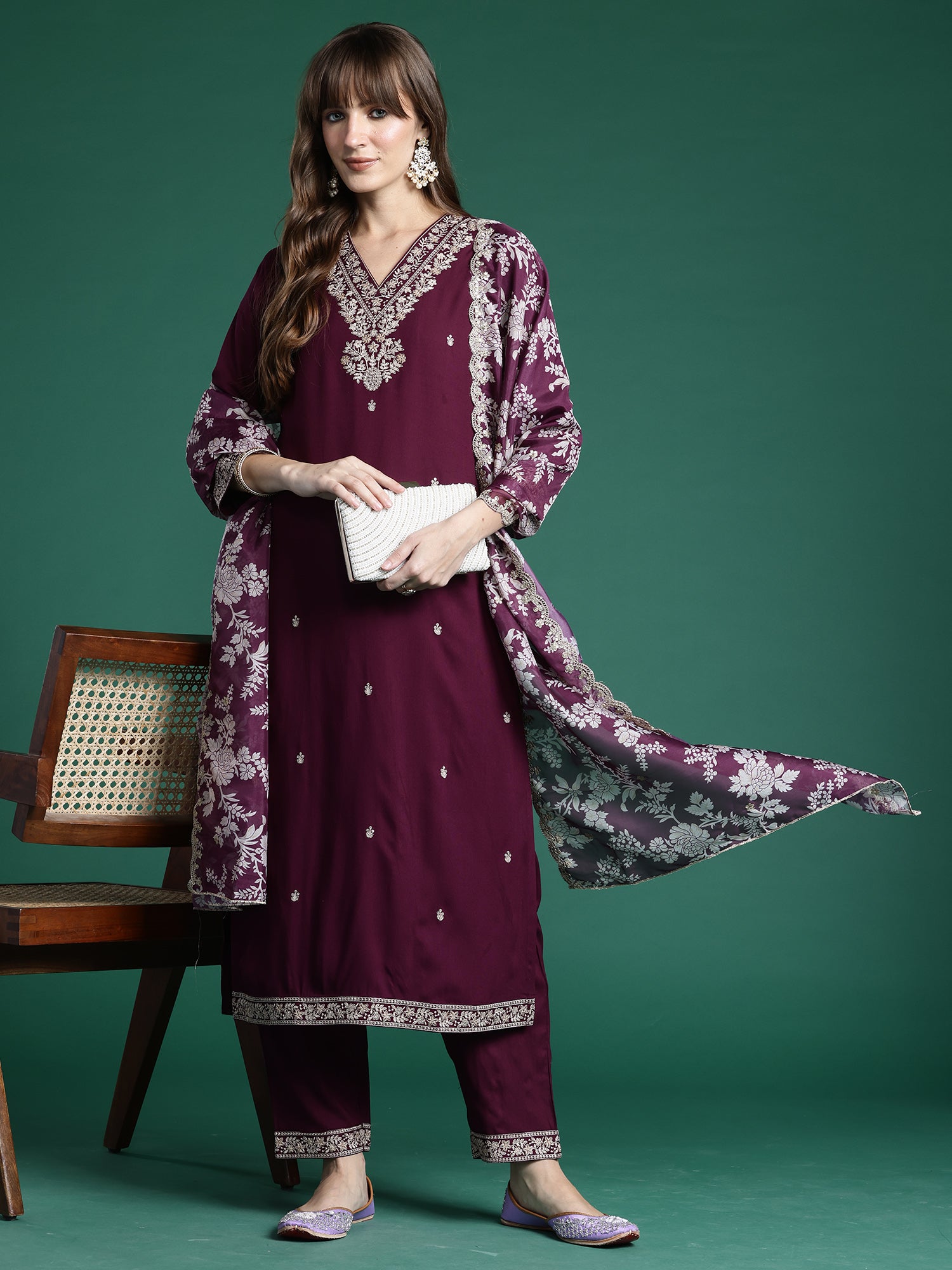 Indo Era Burgundy Embroidered Straight Kurta Trousers With Dupatta Set- IE