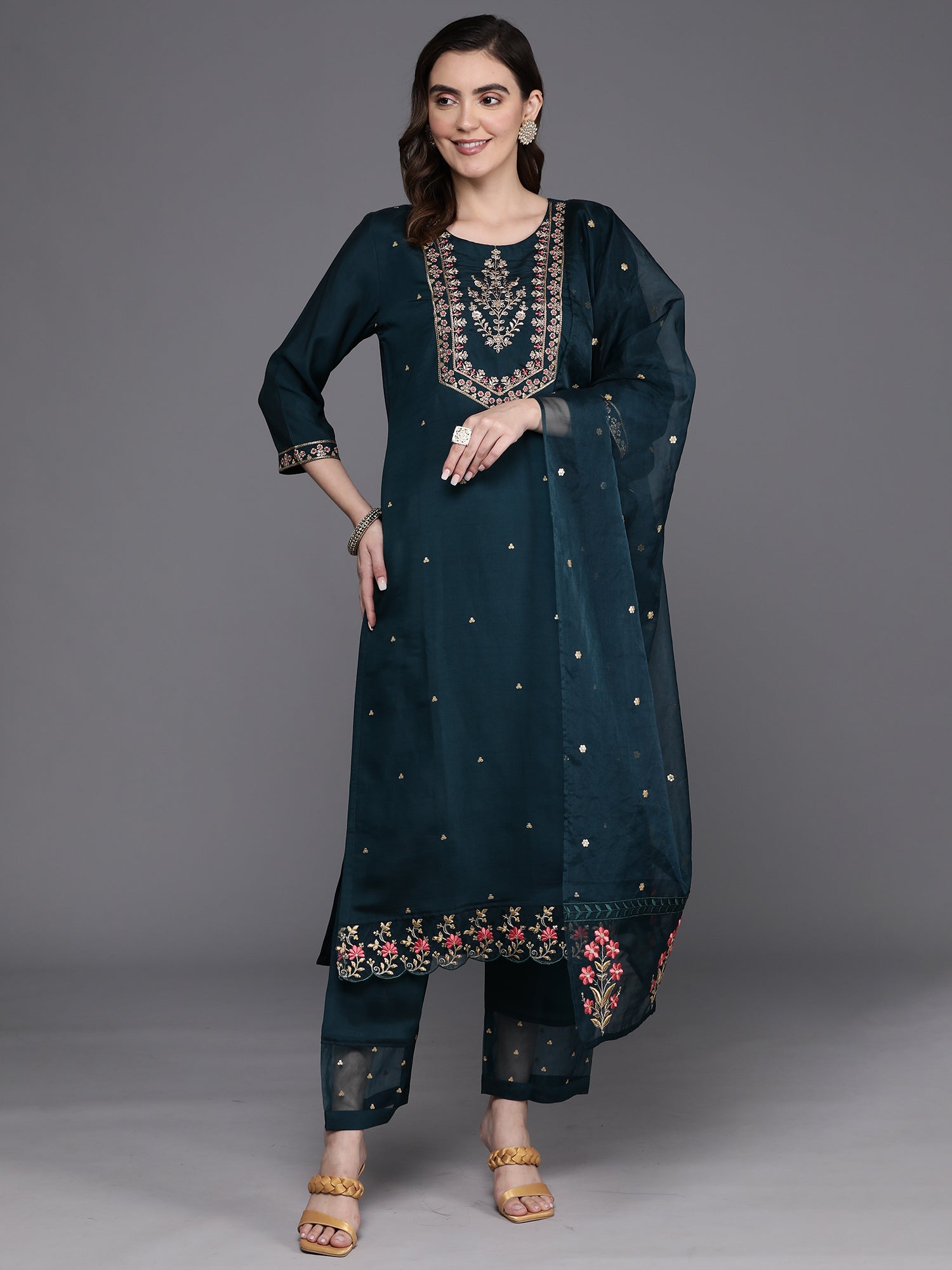 Blue Embroidered Straight Kurta Trousers With Dupatta Set