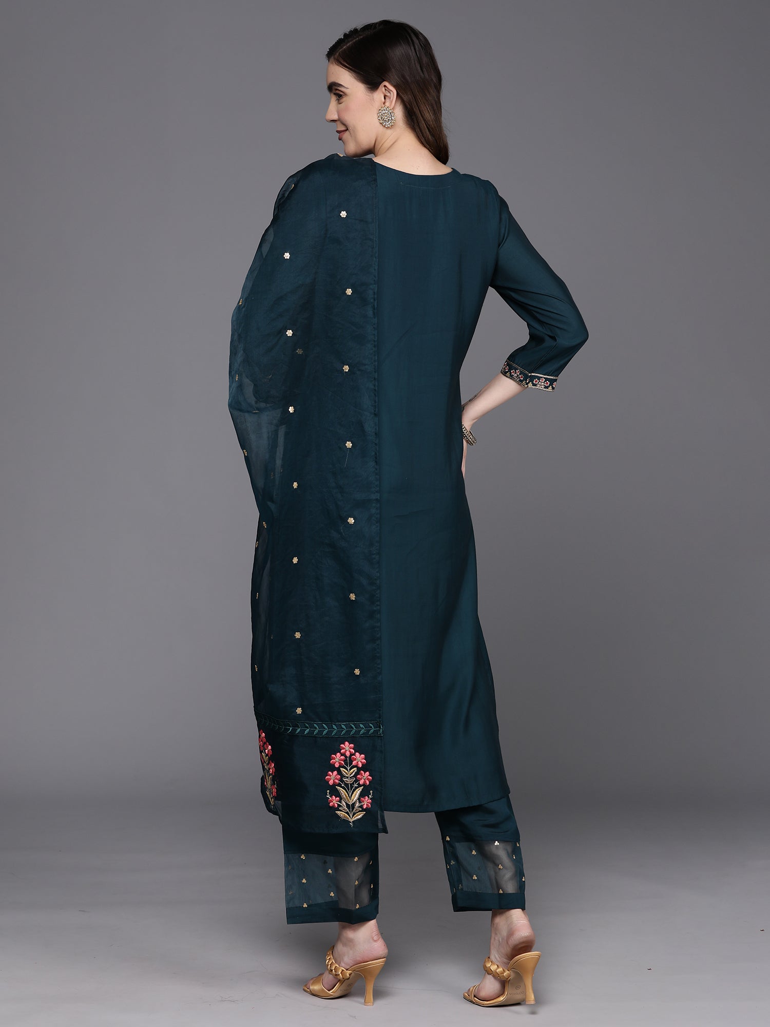 Blue Embroidered Straight Kurta Trousers With Dupatta Set