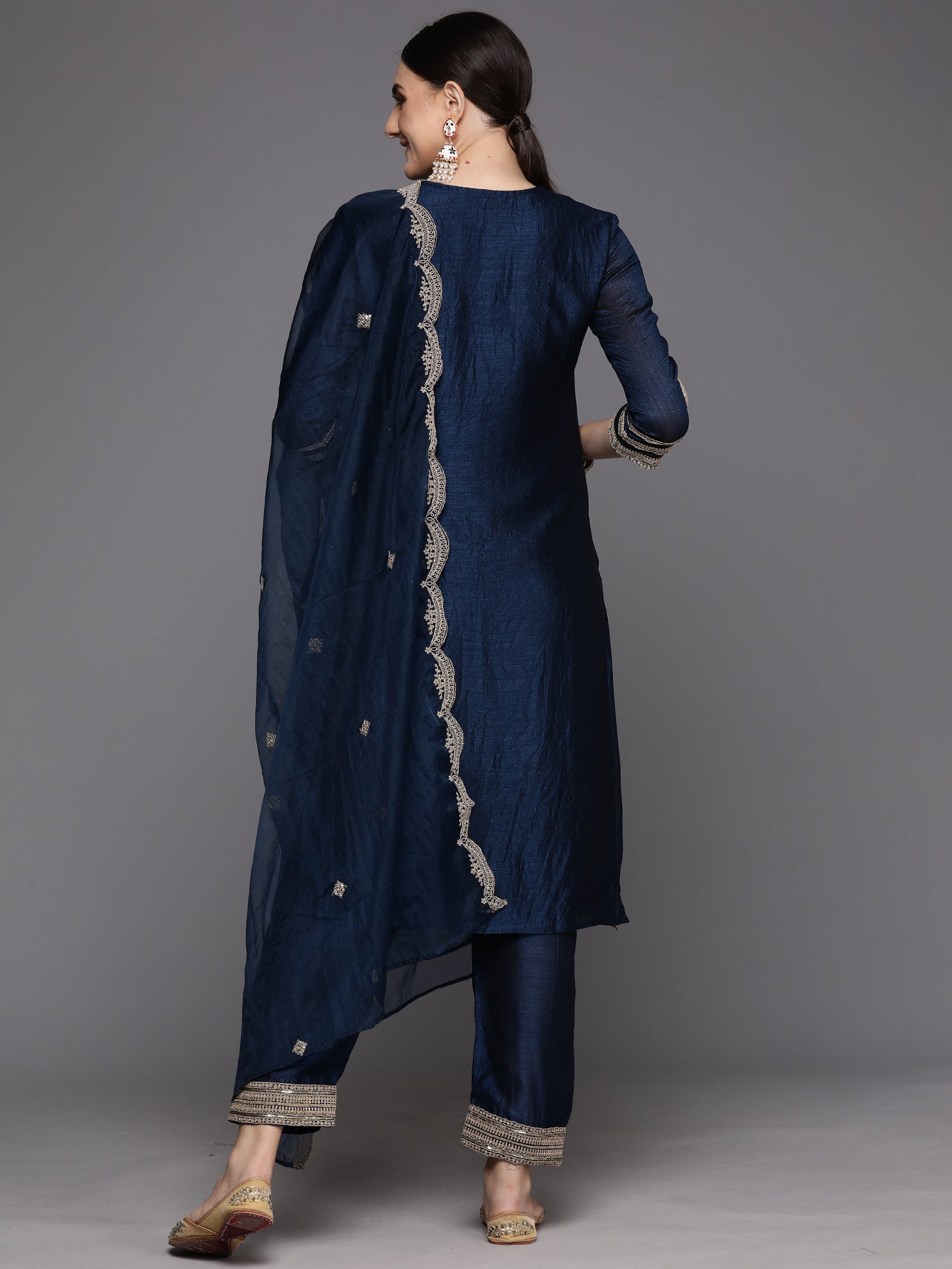 Blue Embroidered Straight Kurta Trousers With Dupatta Set