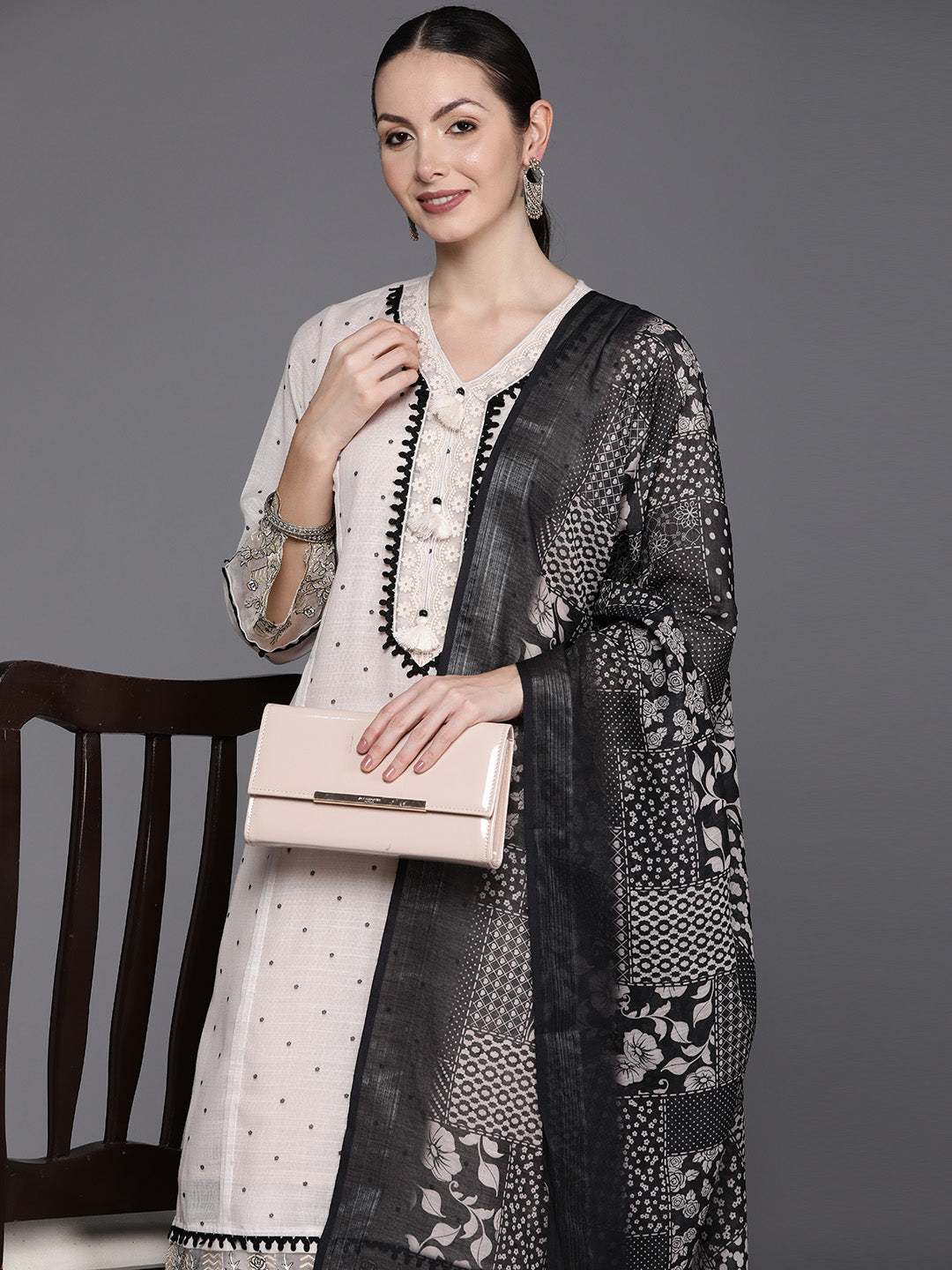 Cream Embroidered Straight Kurta Trousers With Dupatta Set