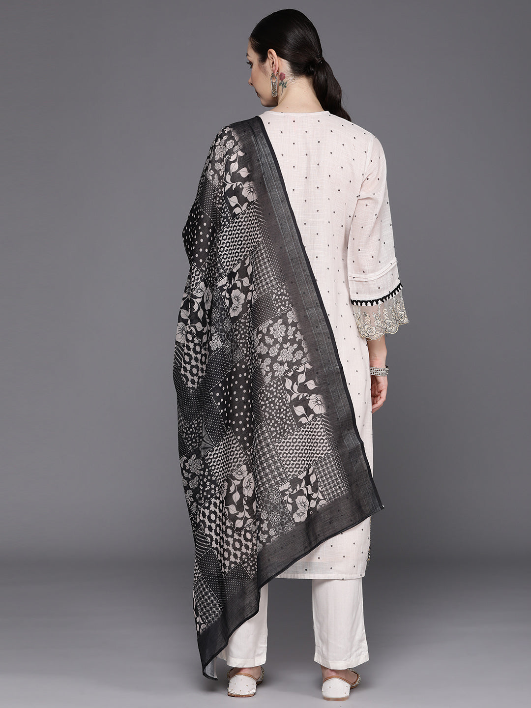 Cream Embroidered Straight Kurta Trousers With Dupatta Set
