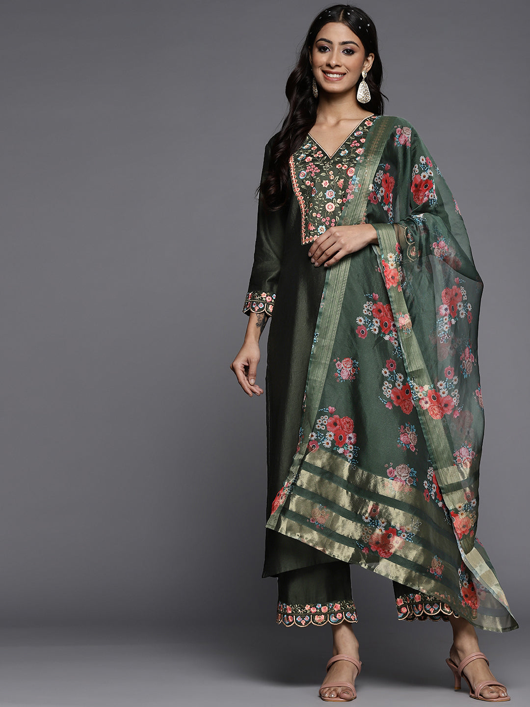 Green Embroidered Straight Kurta Palazzos With Dupatta Set