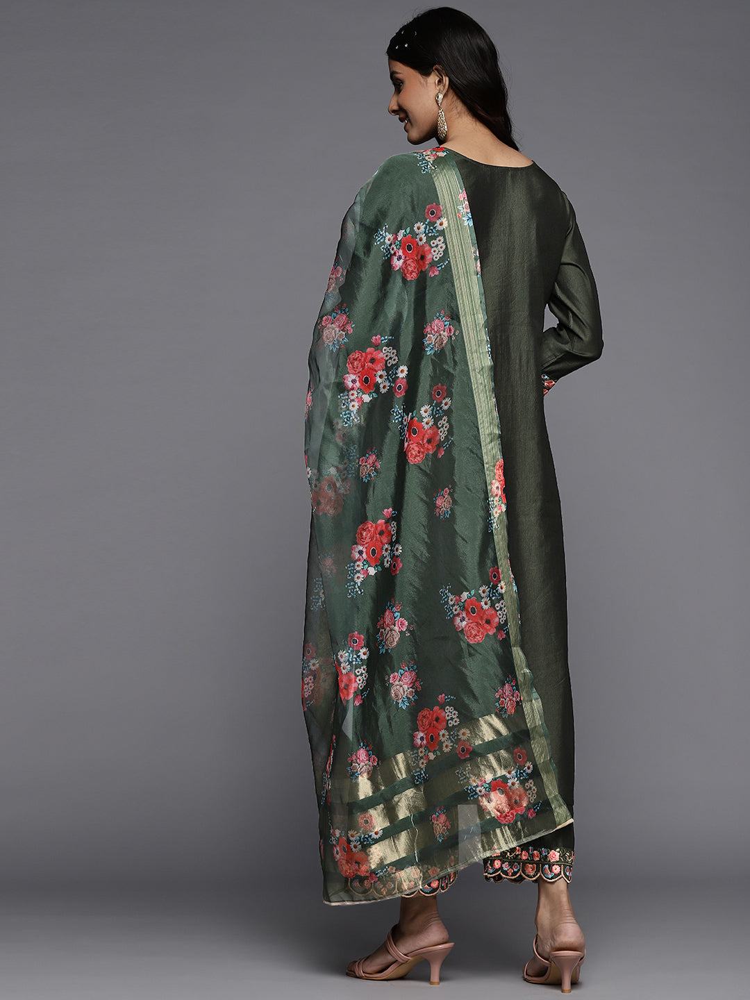 Green Embroidered Straight Kurta Palazzos With Dupatta Set
