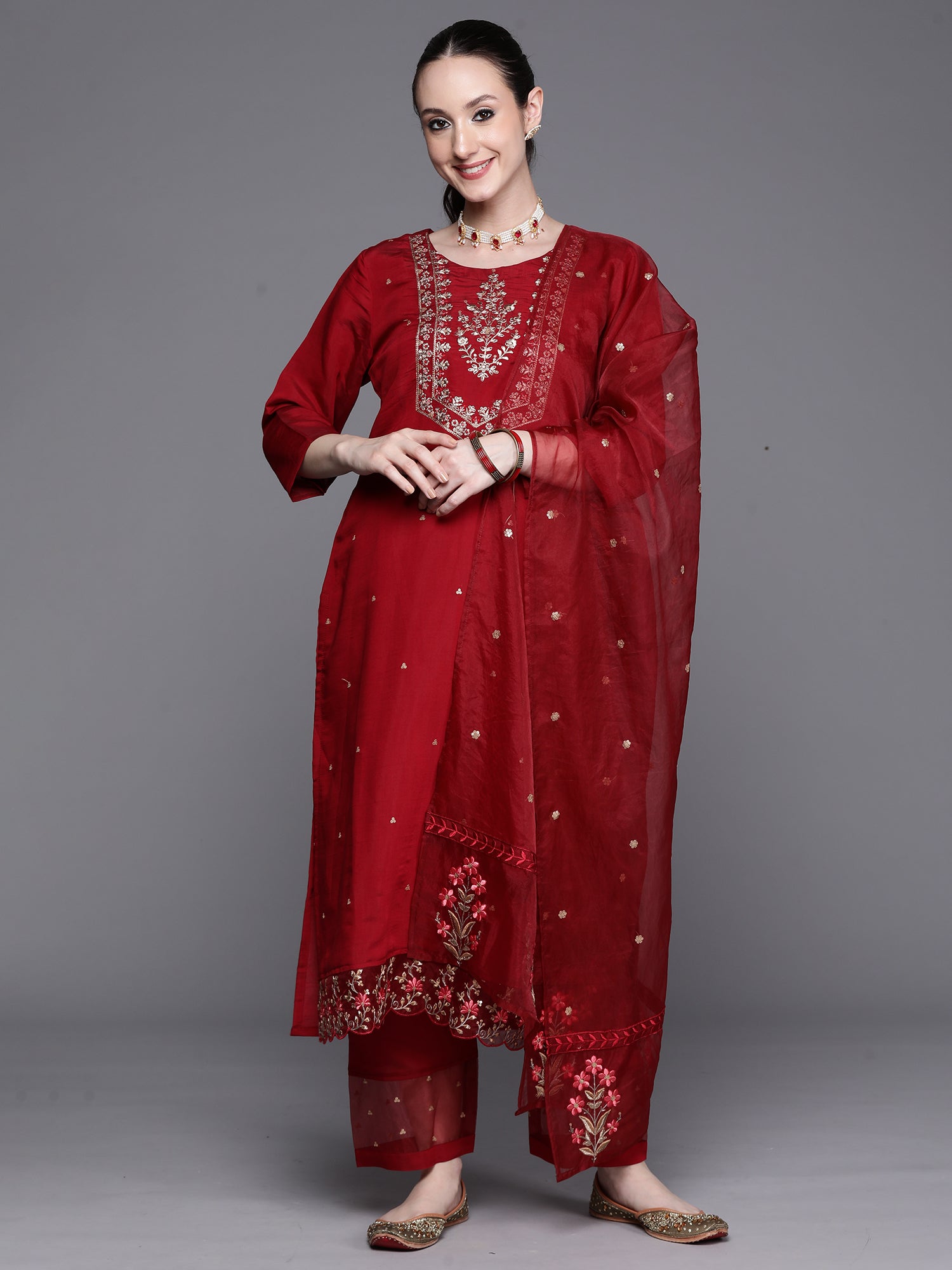 Maroon Embroidered Ethnic Straight Kurta Trousers With Dupatta Set