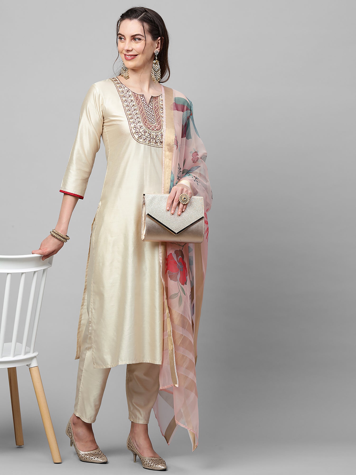 Off White Embroidered Straight Kurta Trouser With Dupatta Set