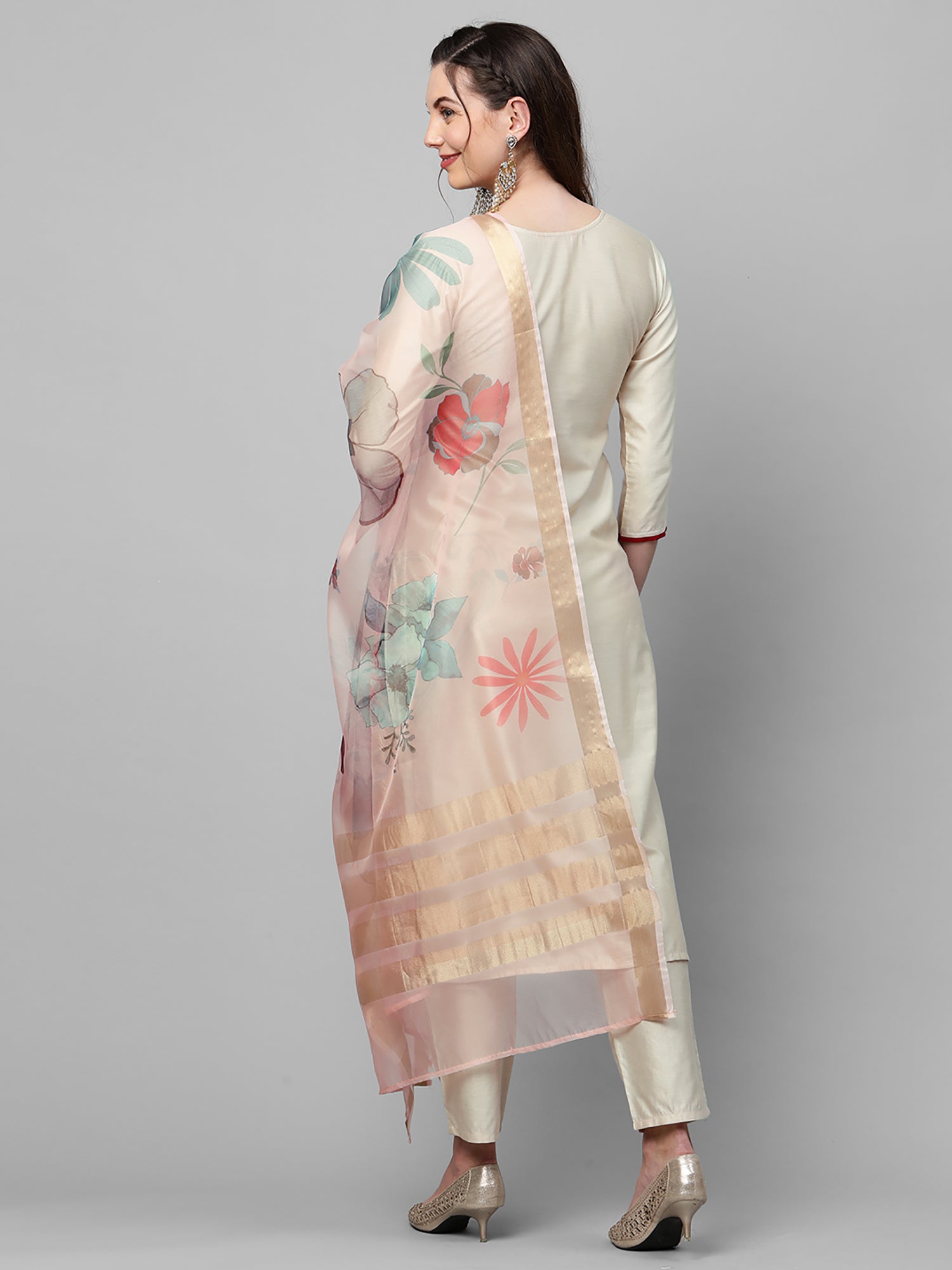 Off White Embroidered Straight Kurta Trouser With Dupatta Set