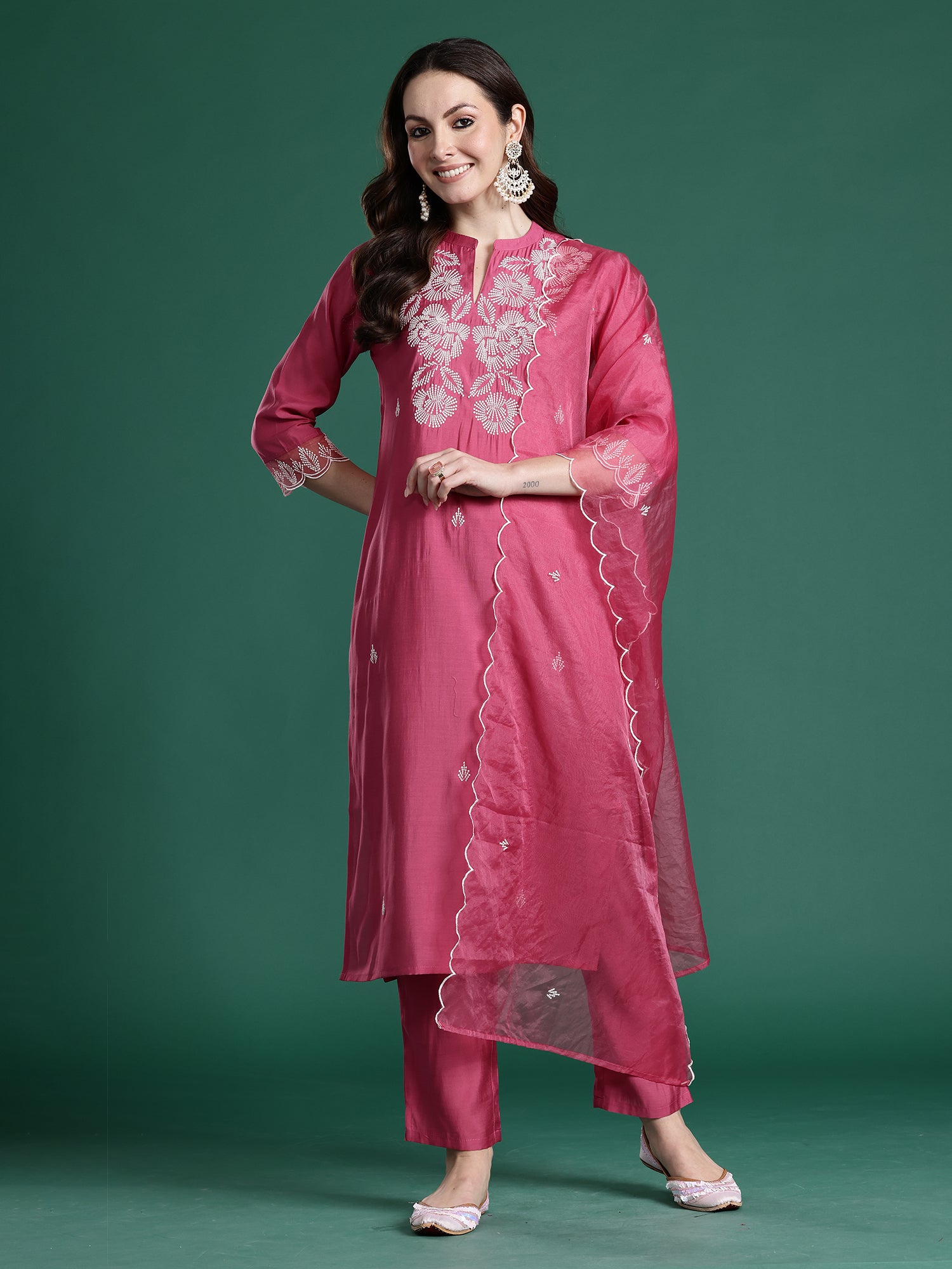 Indo Era Pink Solid Straight Kurta Trousers With Dupatta set- IE