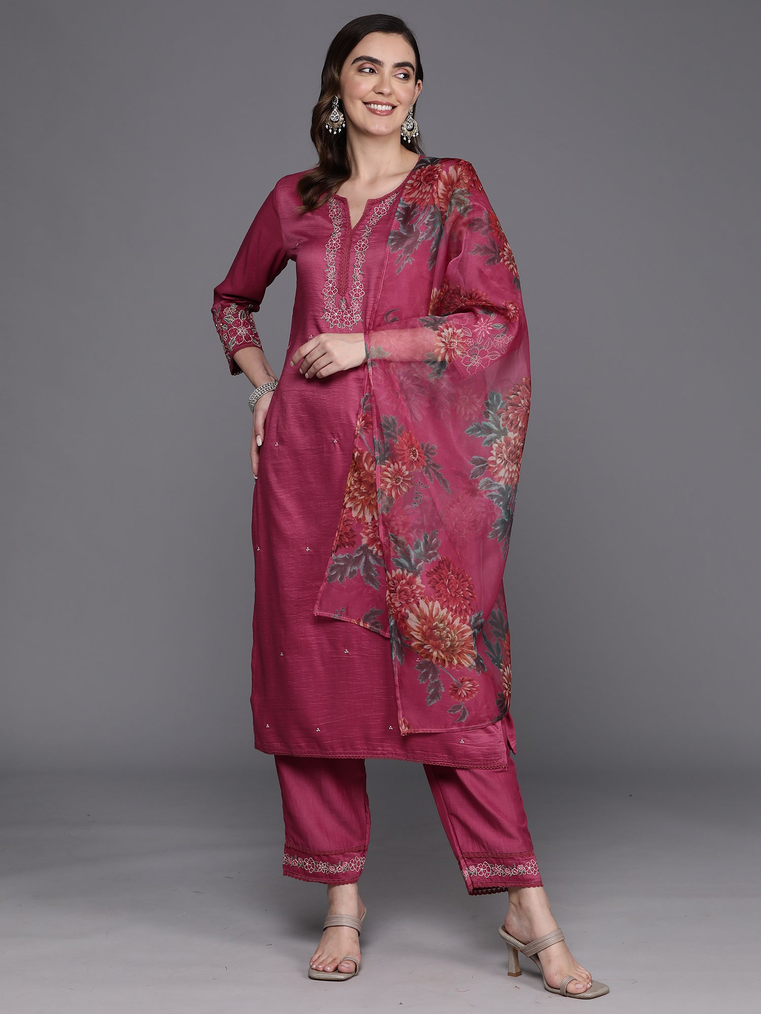 Pink Embroidered Straight Kurta Trousers With Dupatta Set