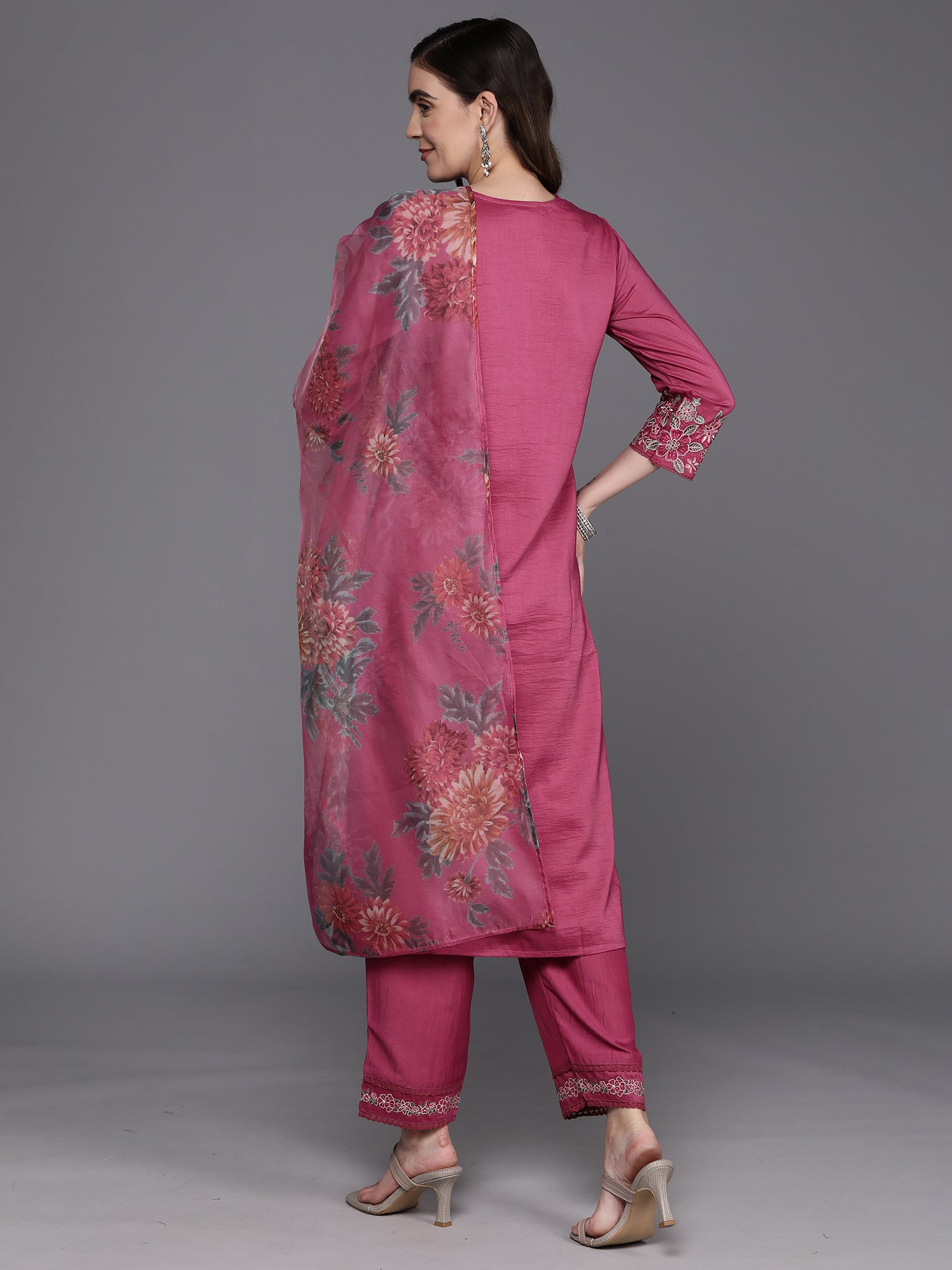 Pink Embroidered Straight Kurta Trousers With Dupatta Set