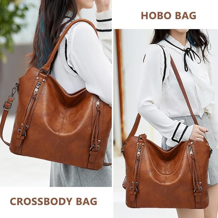 Set Of 2 Brown Light Weight Pu Leather Handbag For Women