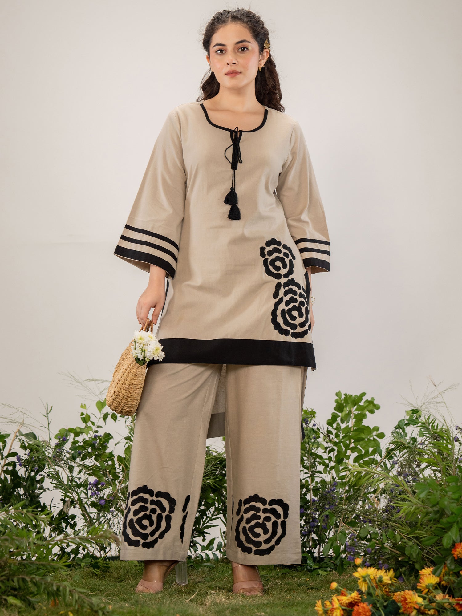 Indo Era Beige Embroidered Straight Kurta Trousers set