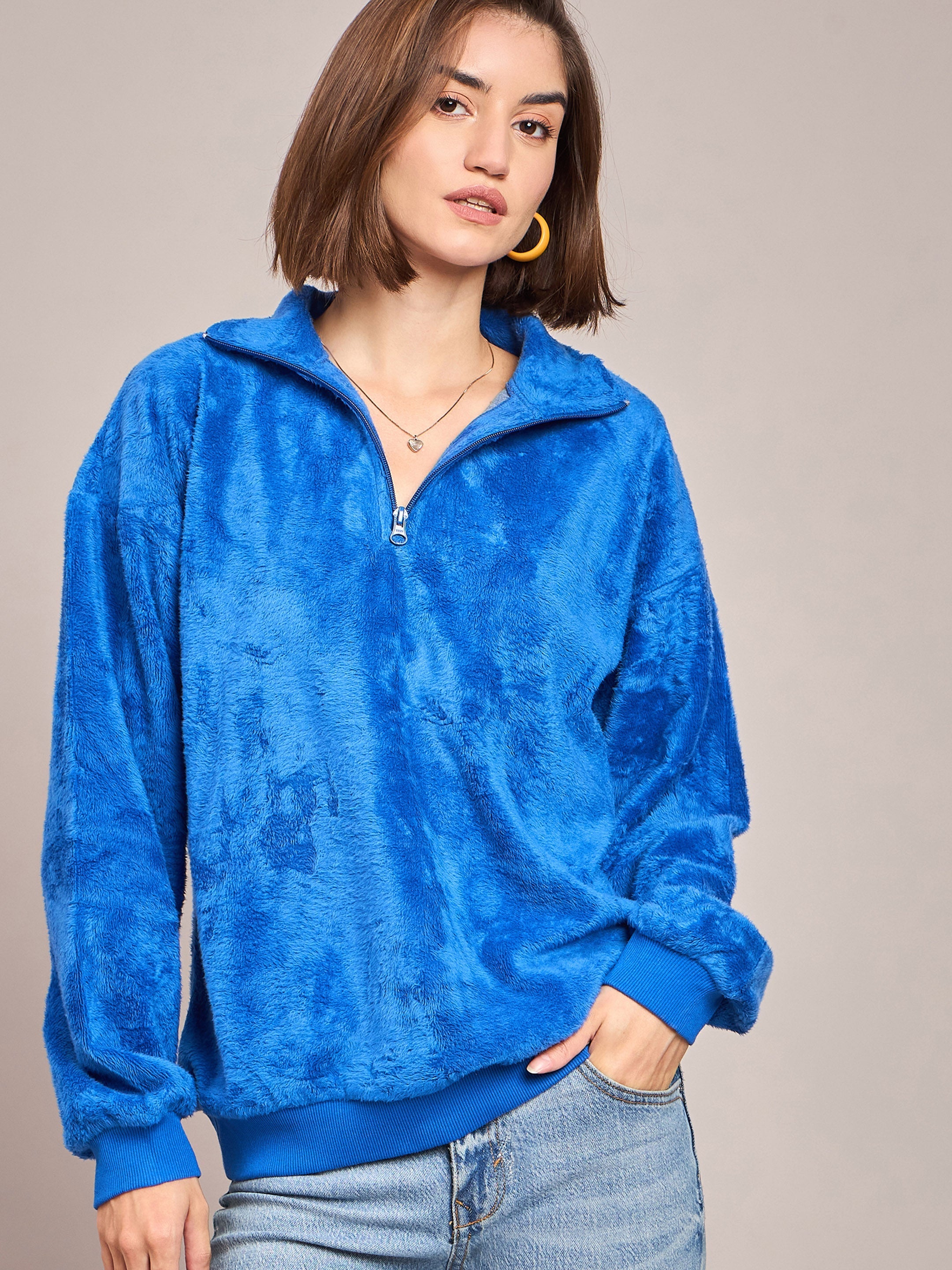 Women Royal Blue Front Zipper High Neck Sweatshirt