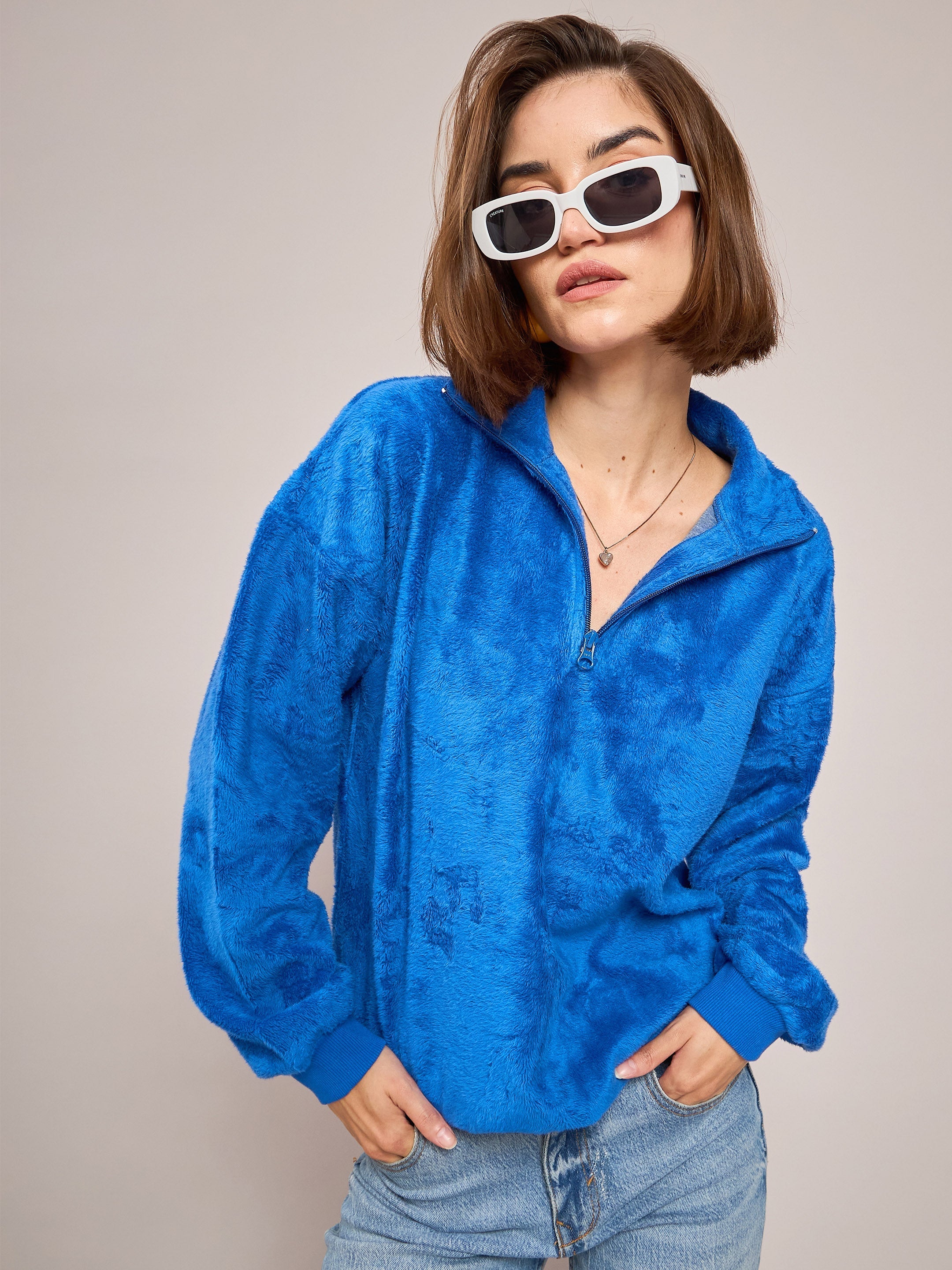 Women Royal Blue Front Zipper High Neck Sweatshirt