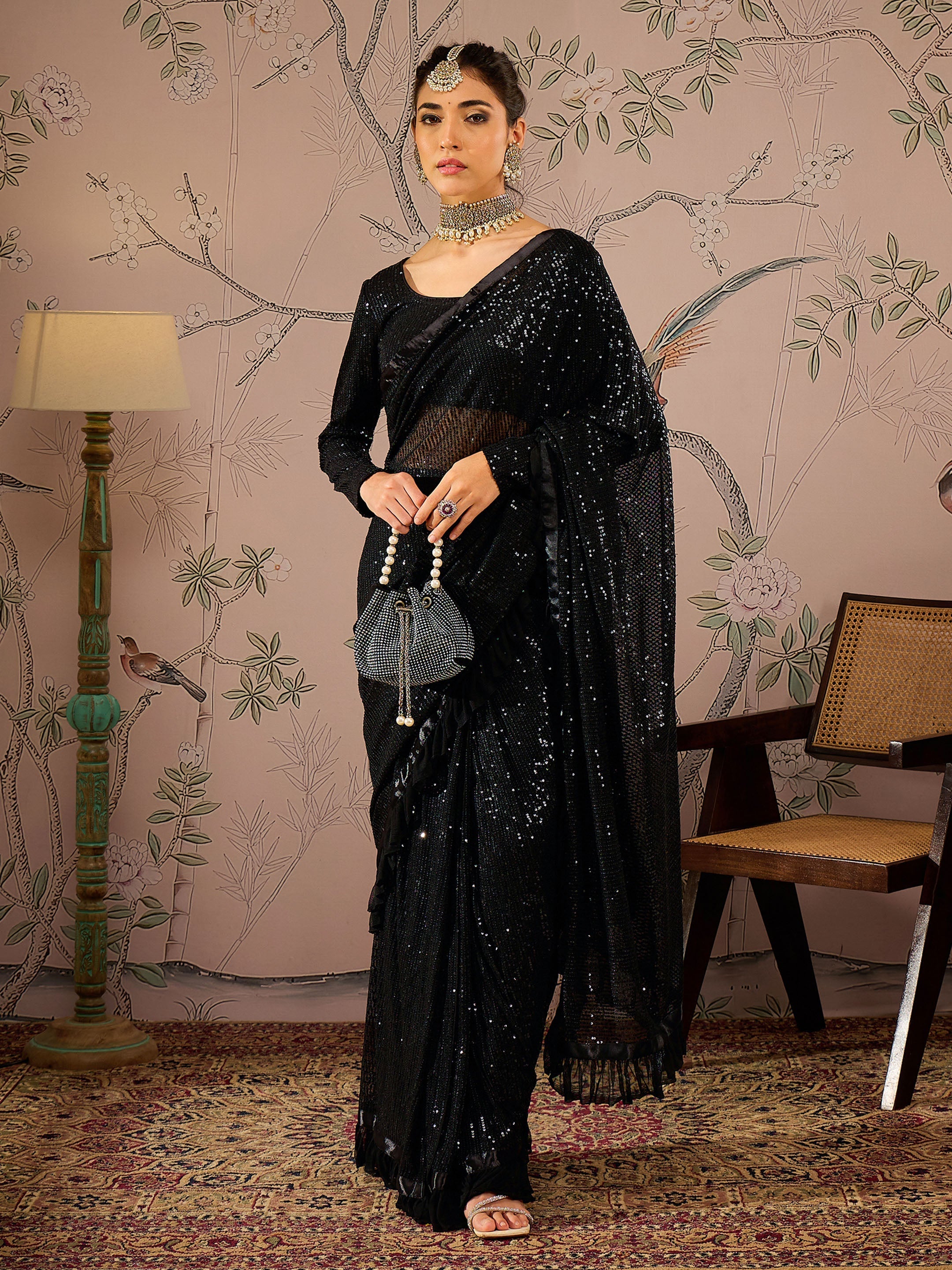 Women Black Sequins RTW Draped Saree With Unstitched Blouse