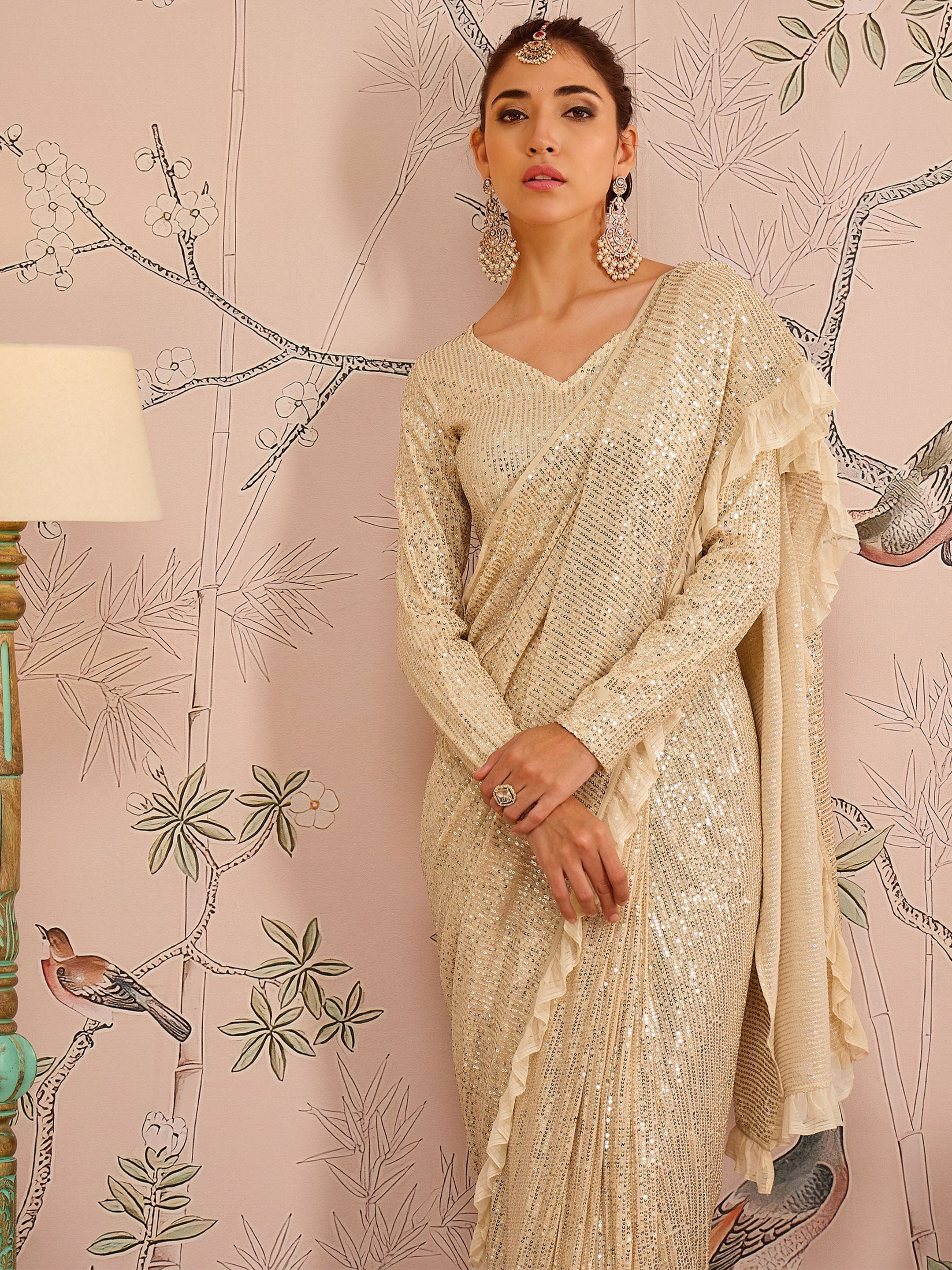 Women Gold Sequins RTW Draped Saree With Unstitched Blouse