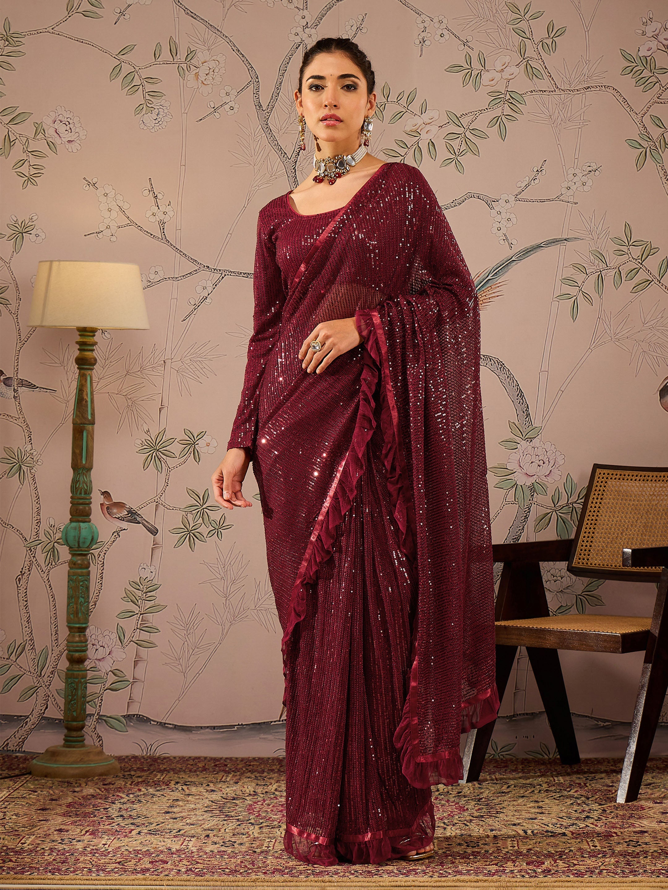 Women Maroon Sequins RTW Draped Saree With Unstitched Blouse