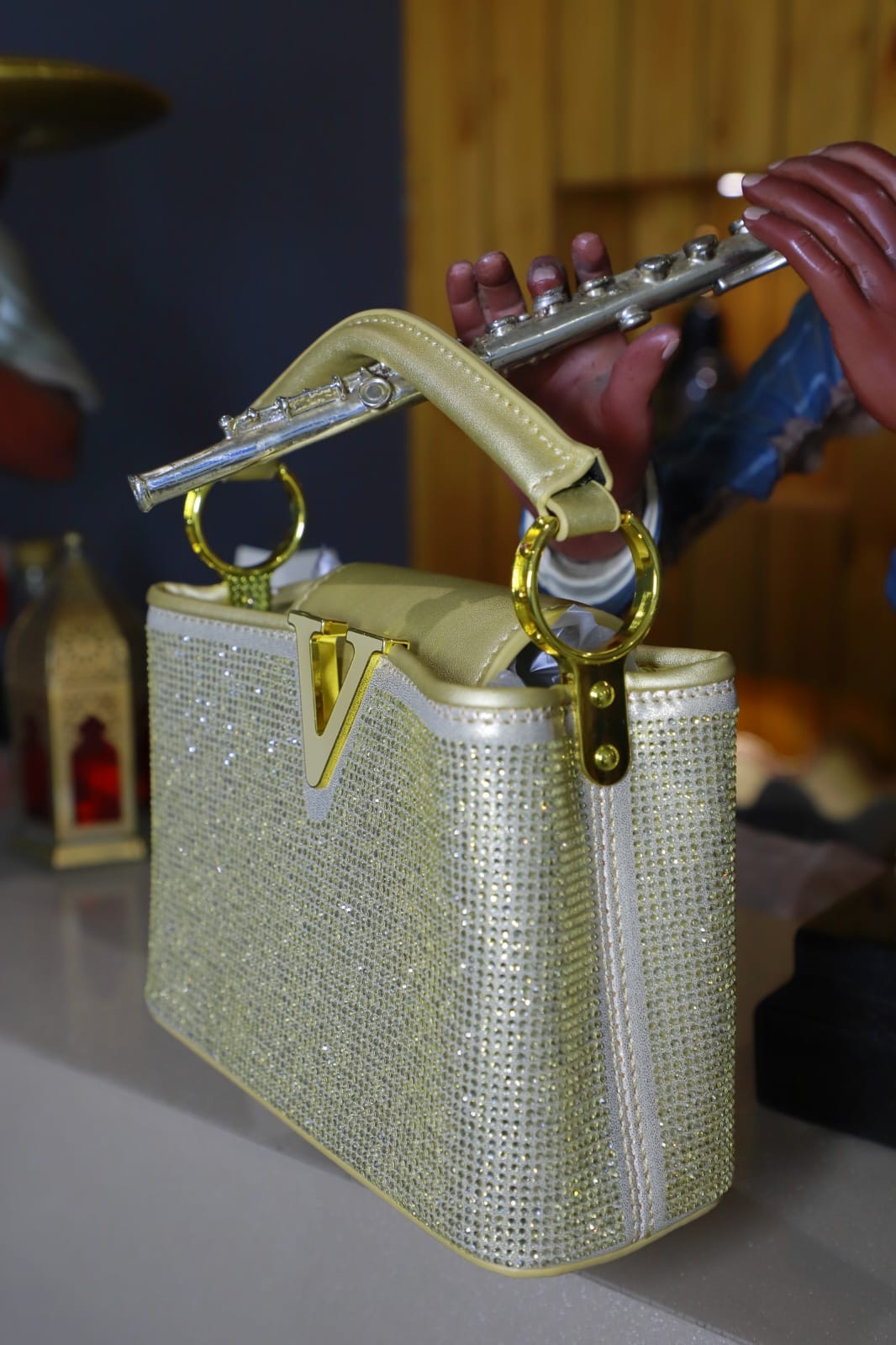 Swarovskiwork Heavy Embroidery Leather Touch Open Golden Women Handbag
