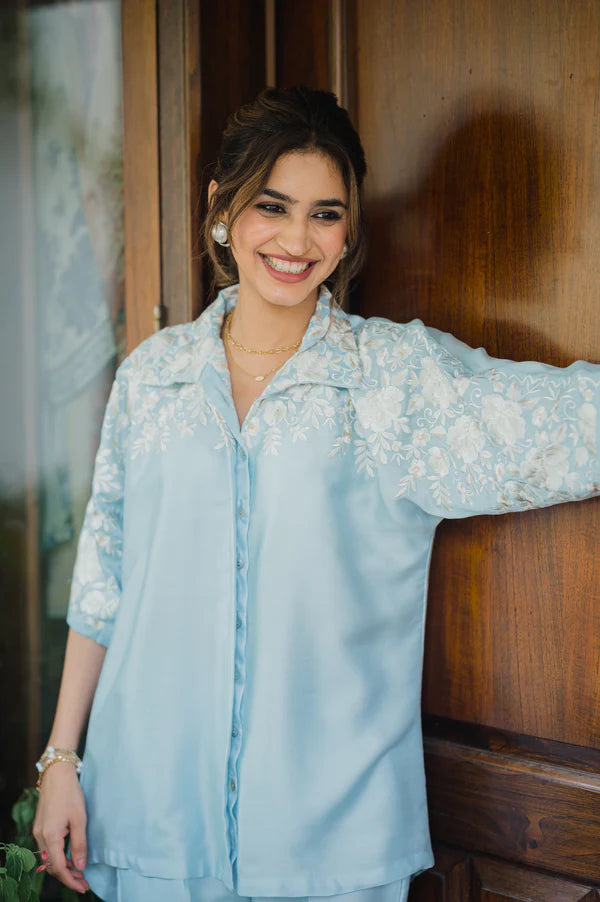 LIGHT BLUE FLORAL EMBROIDERED CO-ORD SET- II