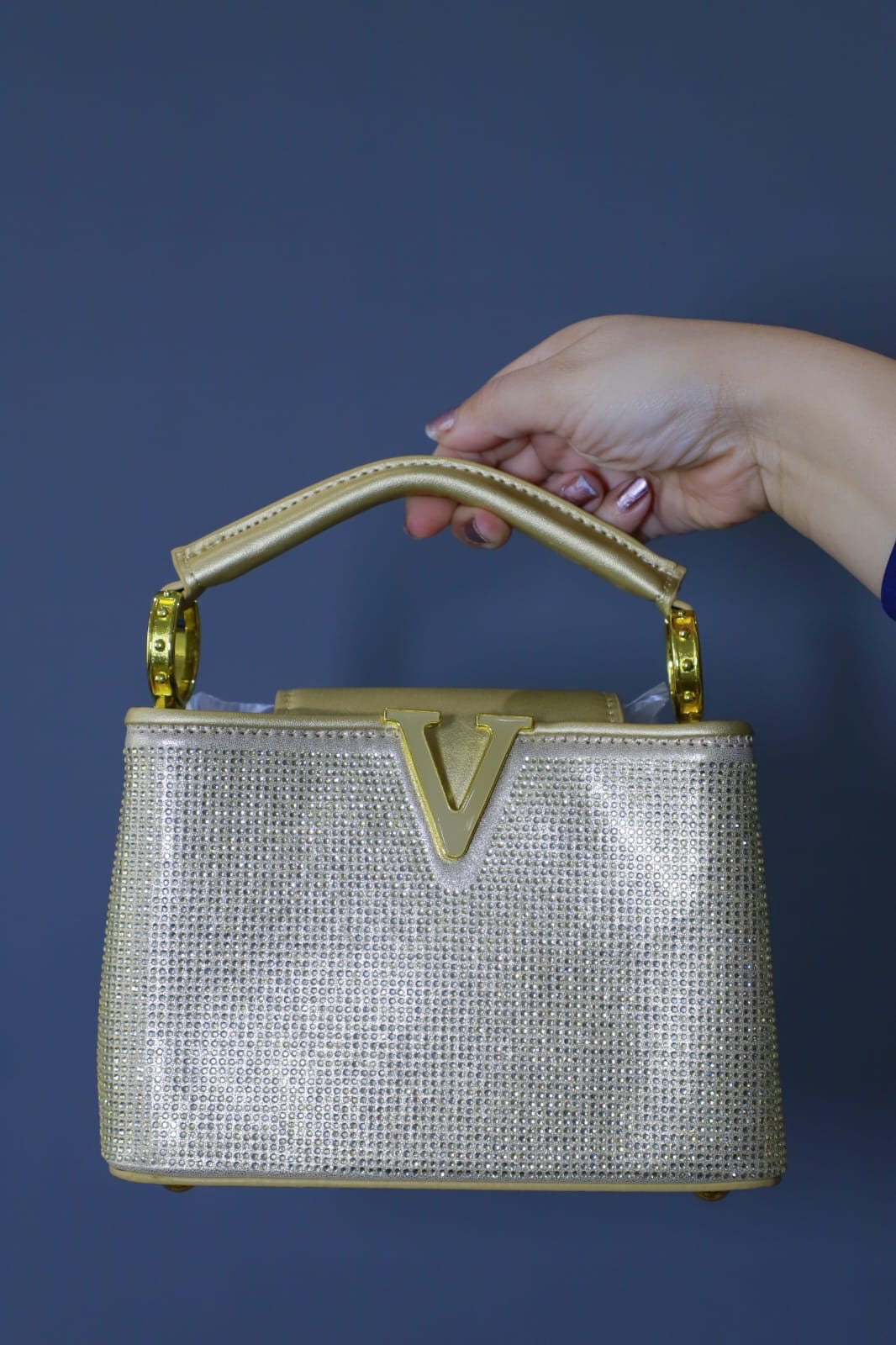Swarovskiwork Heavy Embroidery Leather Touch Open Golden Women Handbag