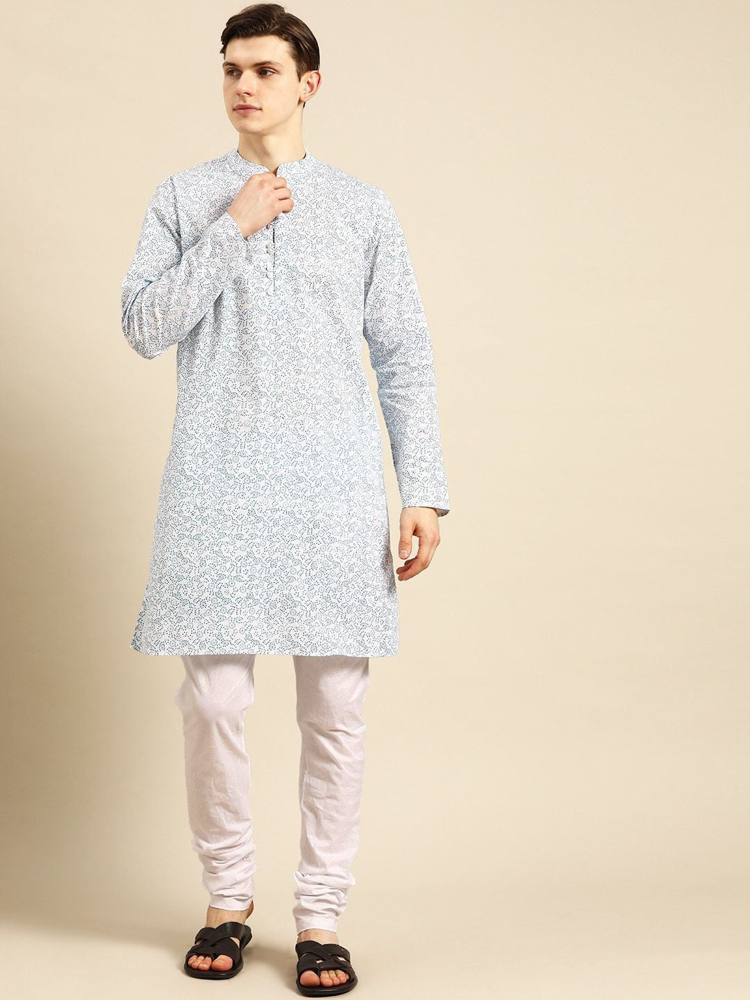 Printed Cotton Blend White Blue White Kurta With Chudidar