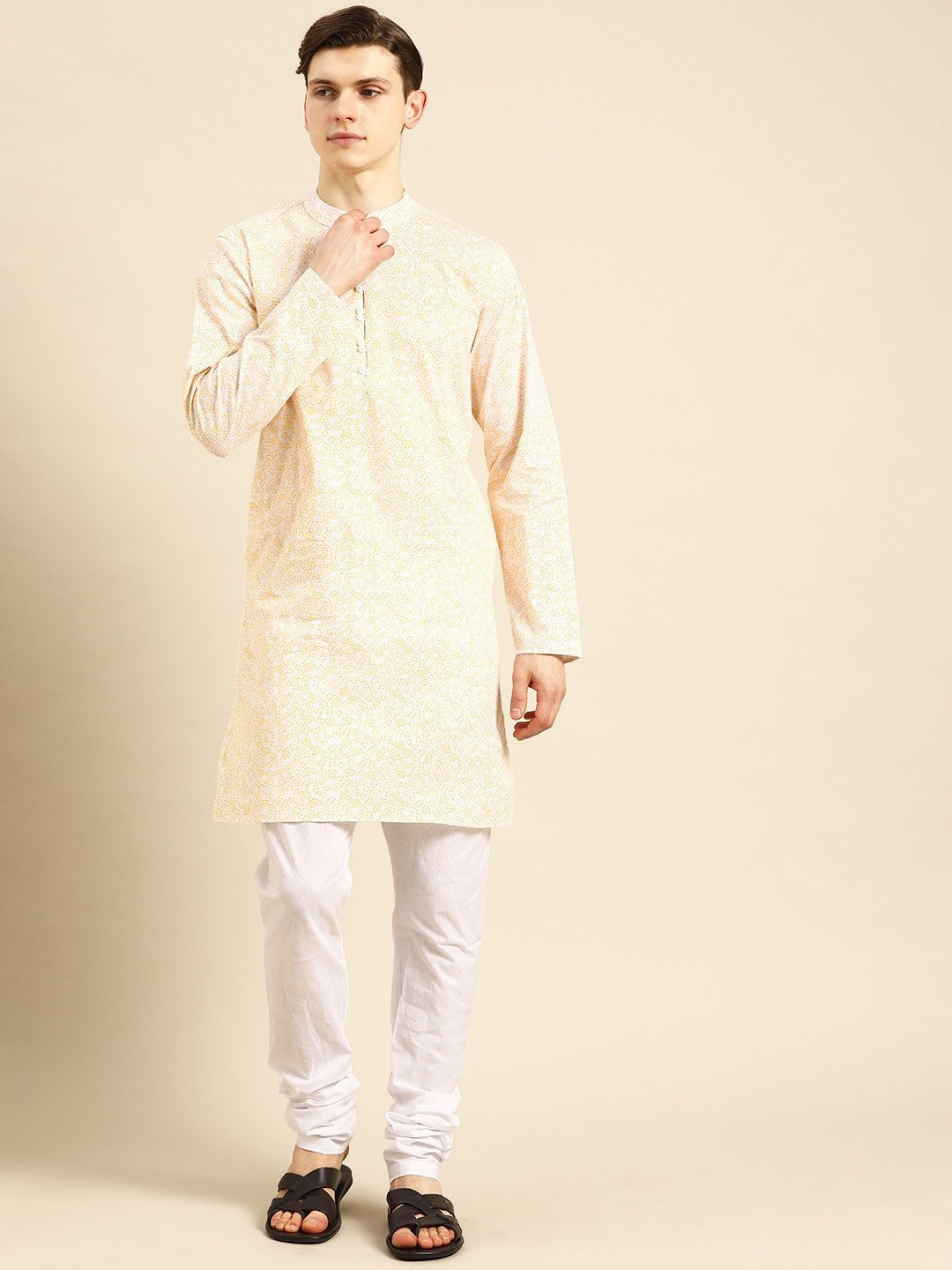 Printed Cotton Blend White Yellow White Kurta With Chudidar
