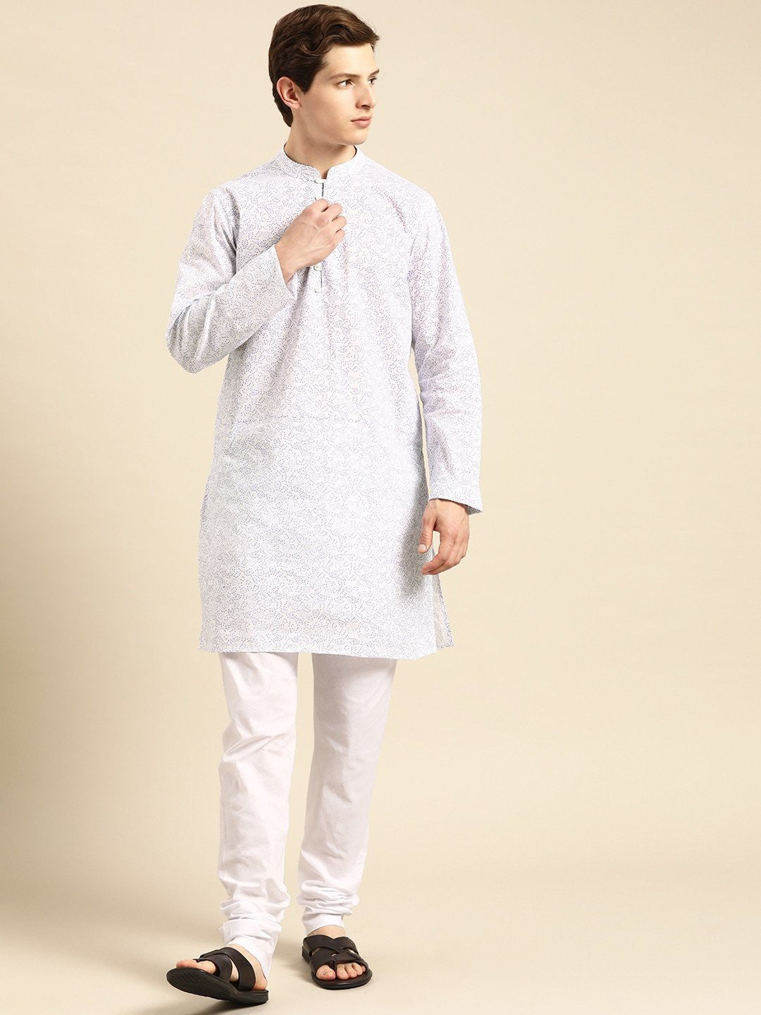 Printed Cotton Blend White Purple White Kurta With Chudidar