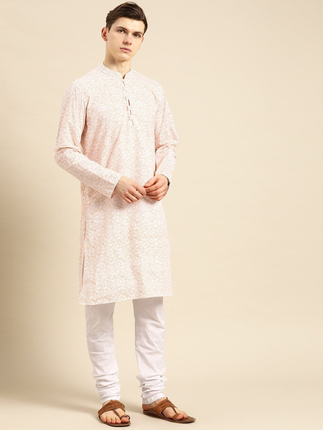Printed Pure Cotton White Orange White Kurta With Chudidar