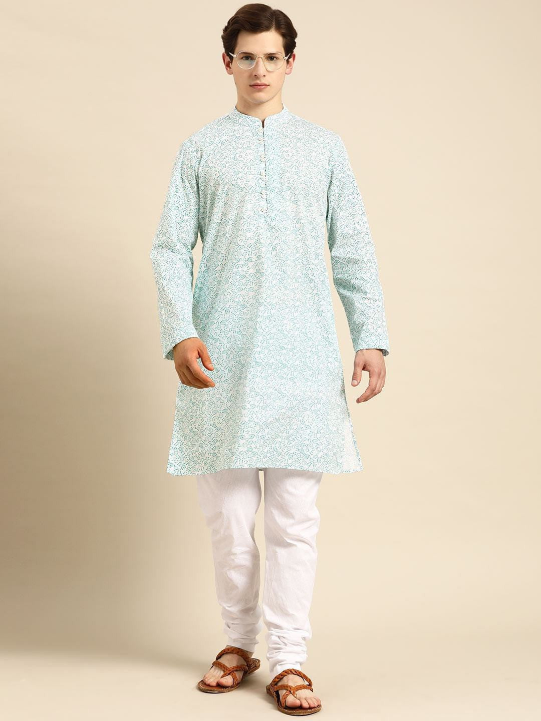 Printed Cotton Blend White Blue White Kurta With Chudidar