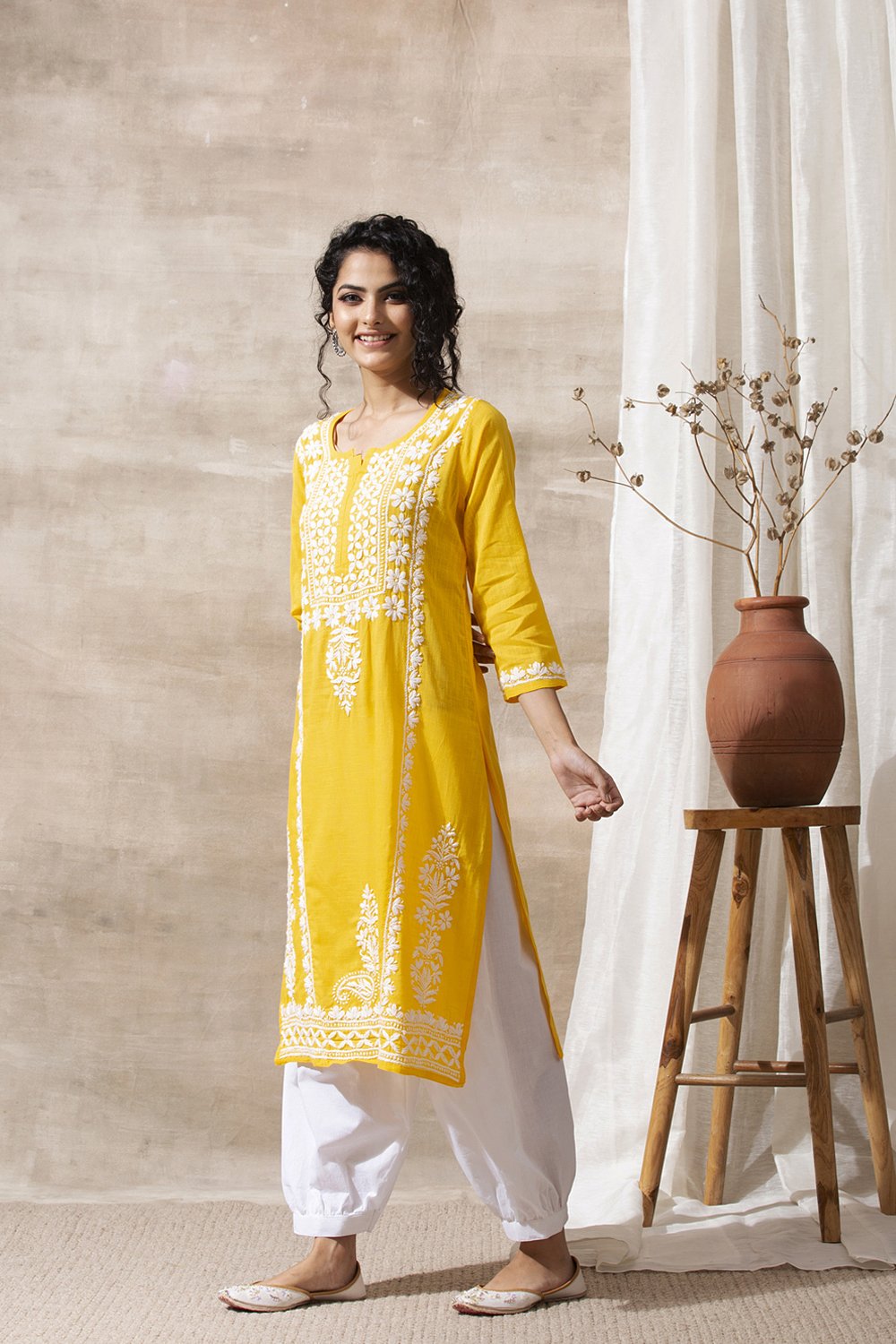 Yellow Chikankari Handloom Kurta