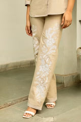 Beige Linen Floral Embroidered Set- II