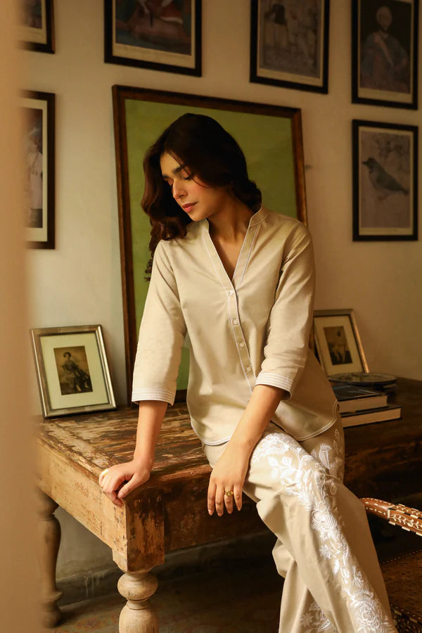 Beige Linen Floral Embroidered Set- II