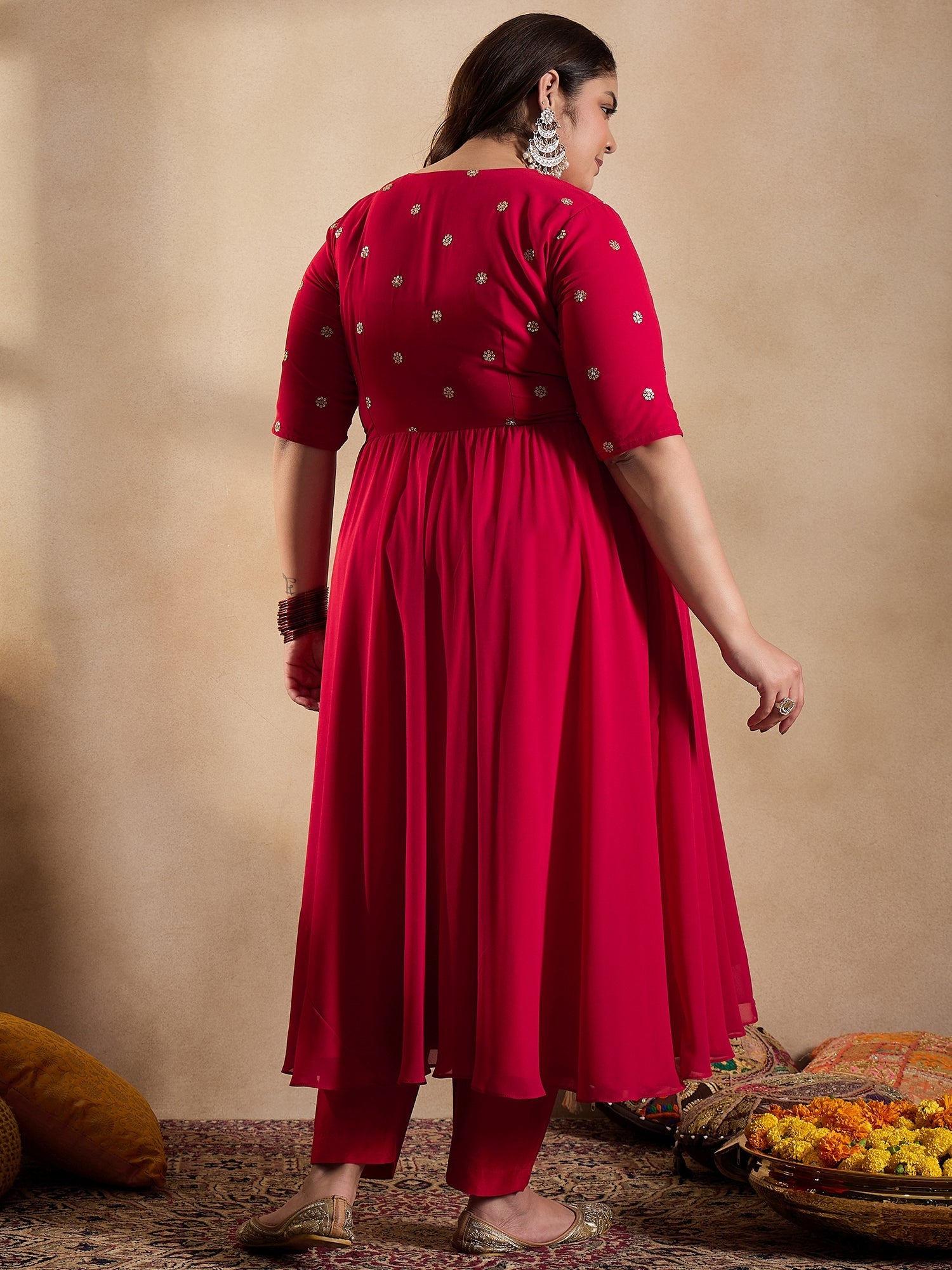 Floral Embroidered Empire Sequinned Georgette Anarkali Kurta with Trousers - ID