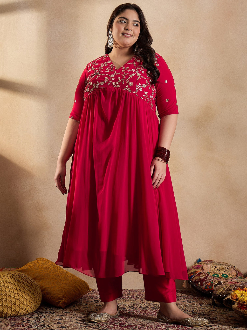 Floral Embroidered Empire Sequinned Georgette Anarkali Kurta with Trousers - ID