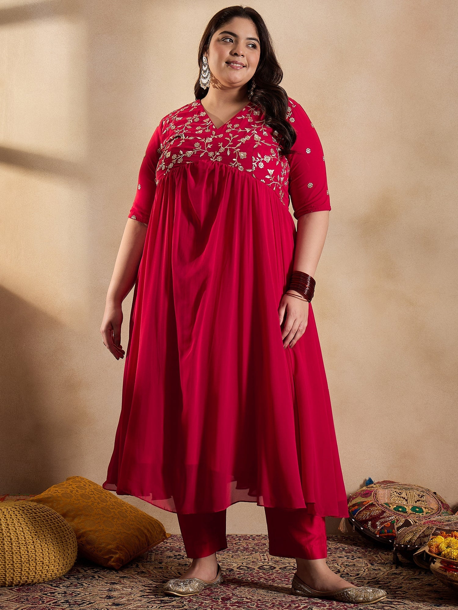 Floral Embroidered Empire Sequinned Georgette Anarkali Kurta with Trousers - ID