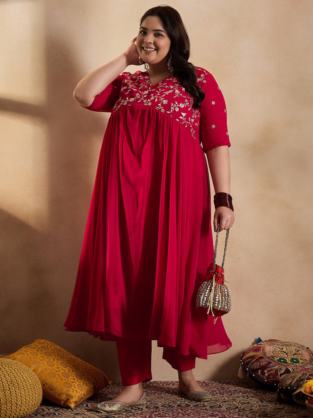 Floral Embroidered Empire Sequinned Georgette Anarkali Kurta with Trousers - ID