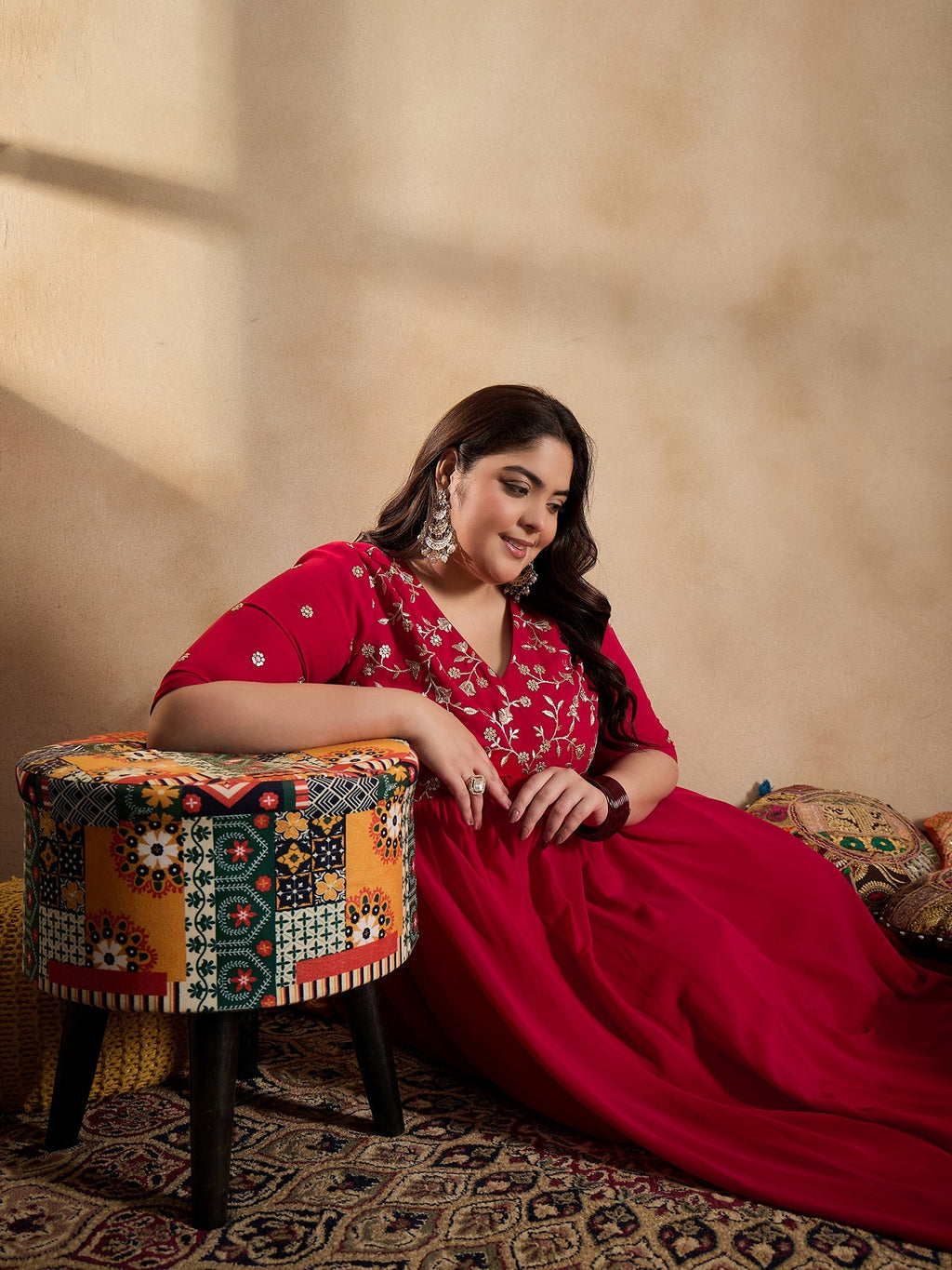 Floral Embroidered Empire Sequinned Georgette Anarkali Kurta with Trousers - ID