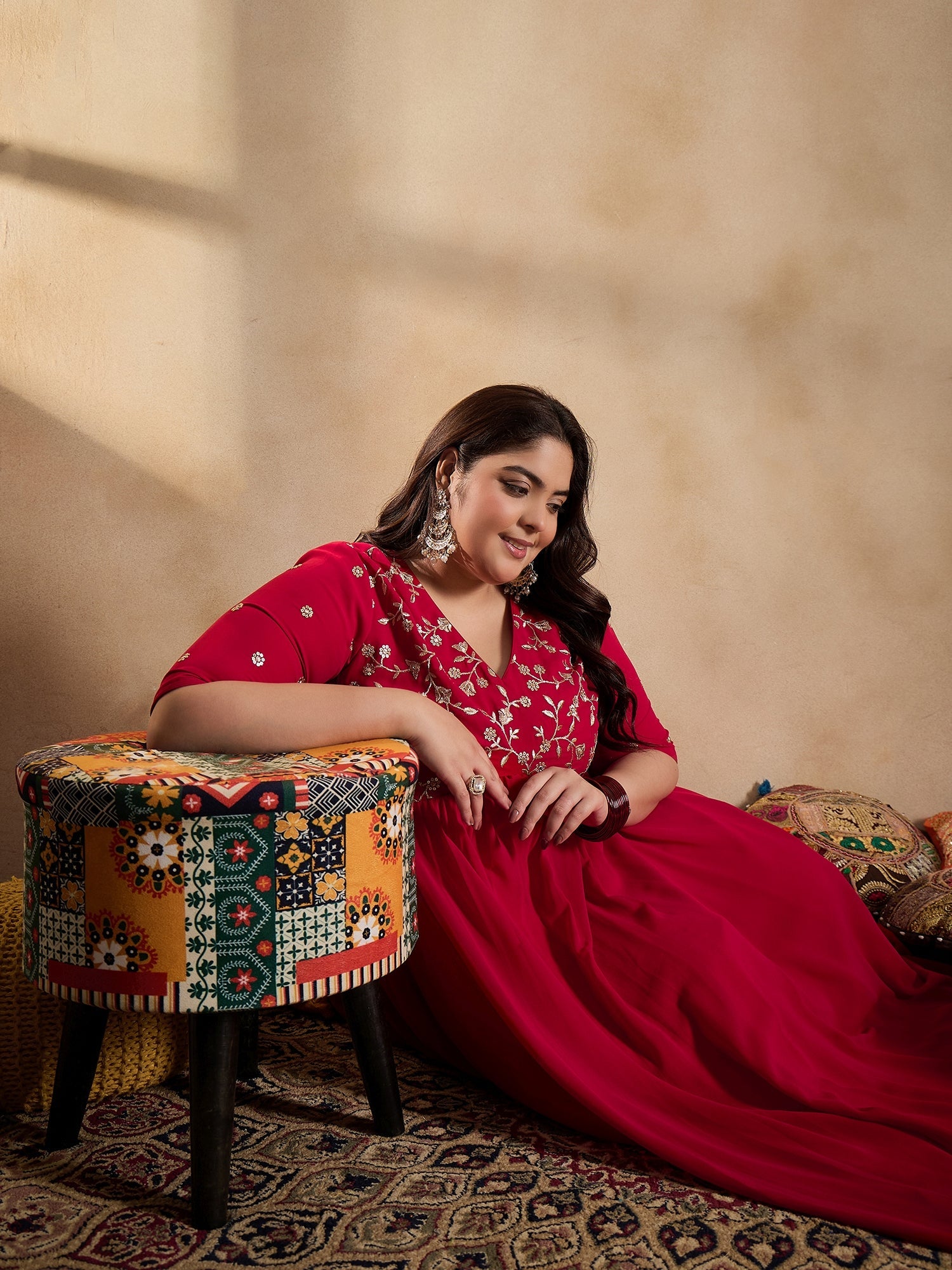 Floral Embroidered Empire Sequinned Georgette Anarkali Kurta with Trousers - ID