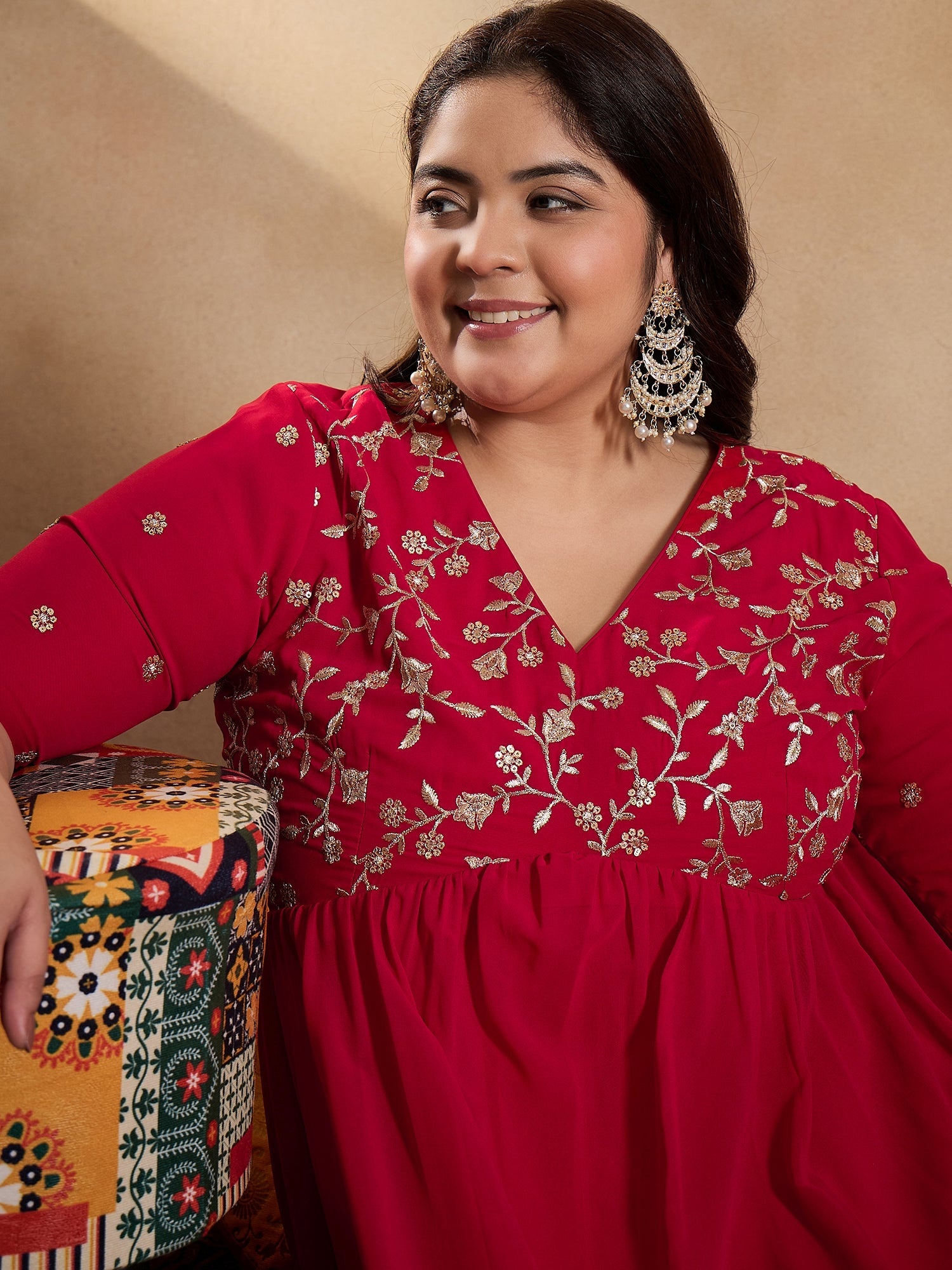 Floral Embroidered Empire Sequinned Georgette Anarkali Kurta with Trousers - ID