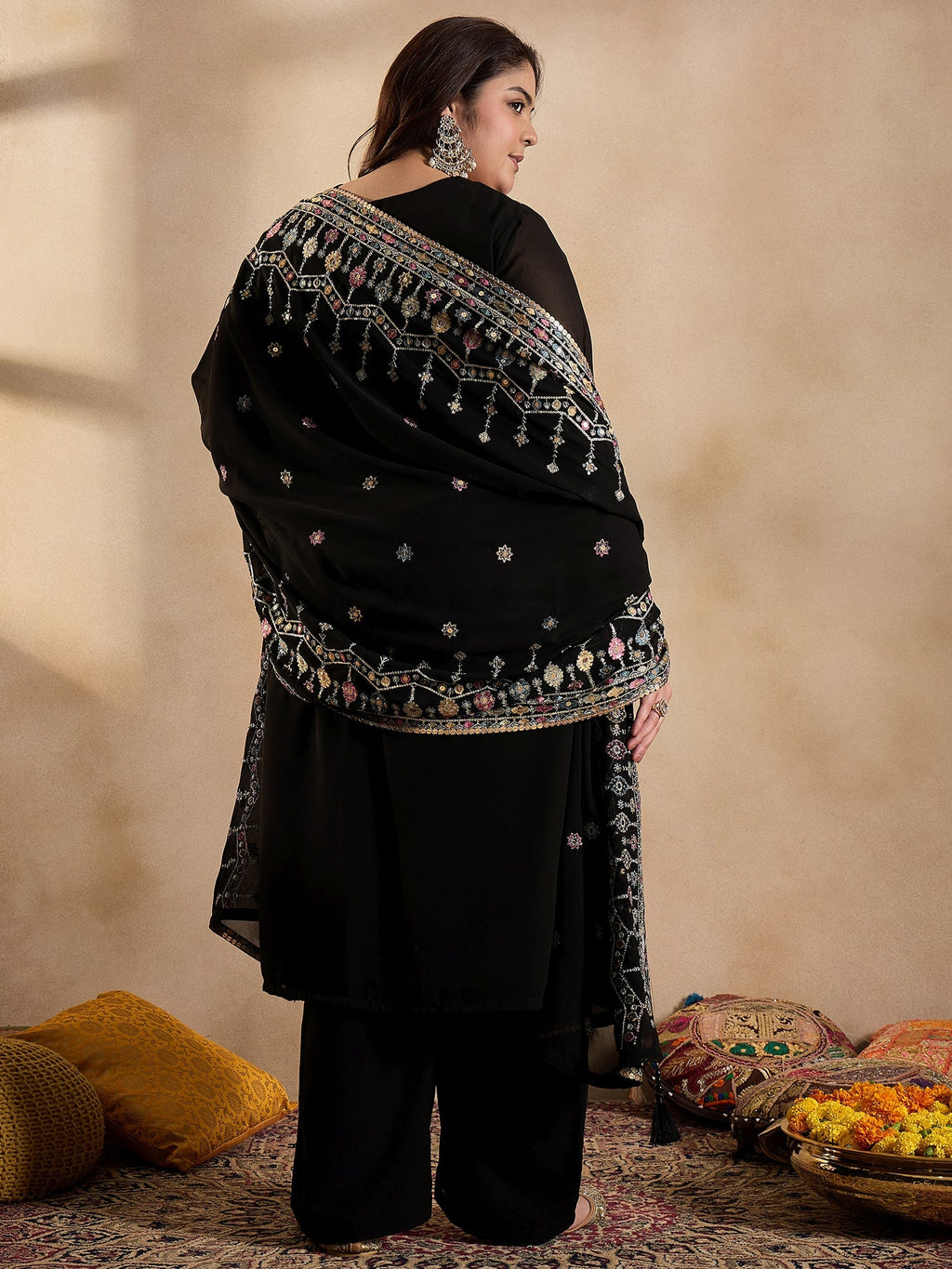 Ethnic Motifs Embroidered Thread Work Georgette Kurta with Palazzo & Dupatta - ID