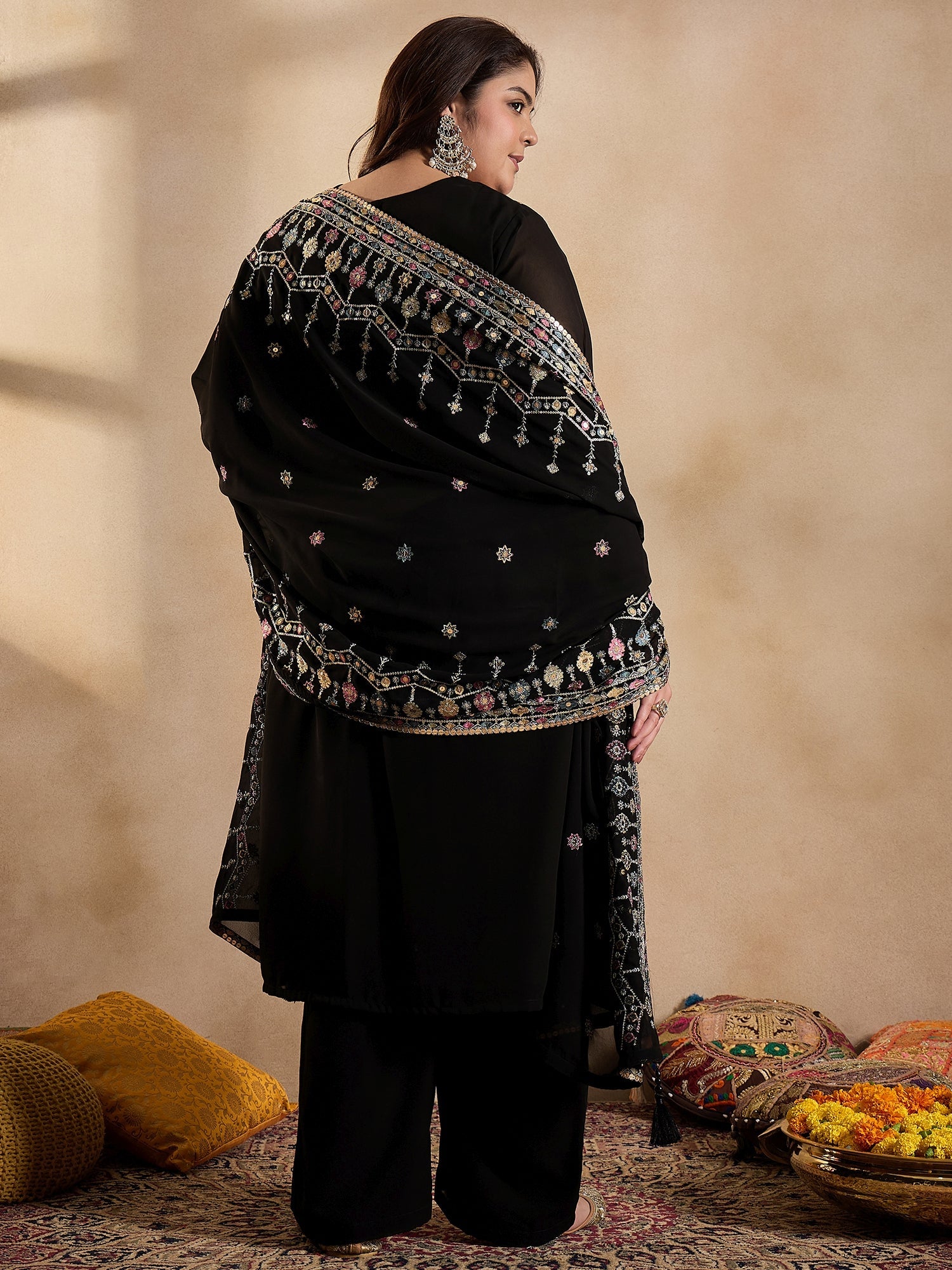 Ethnic Motifs Embroidered Thread Work Georgette Kurta with Palazzo & Dupatta - ID