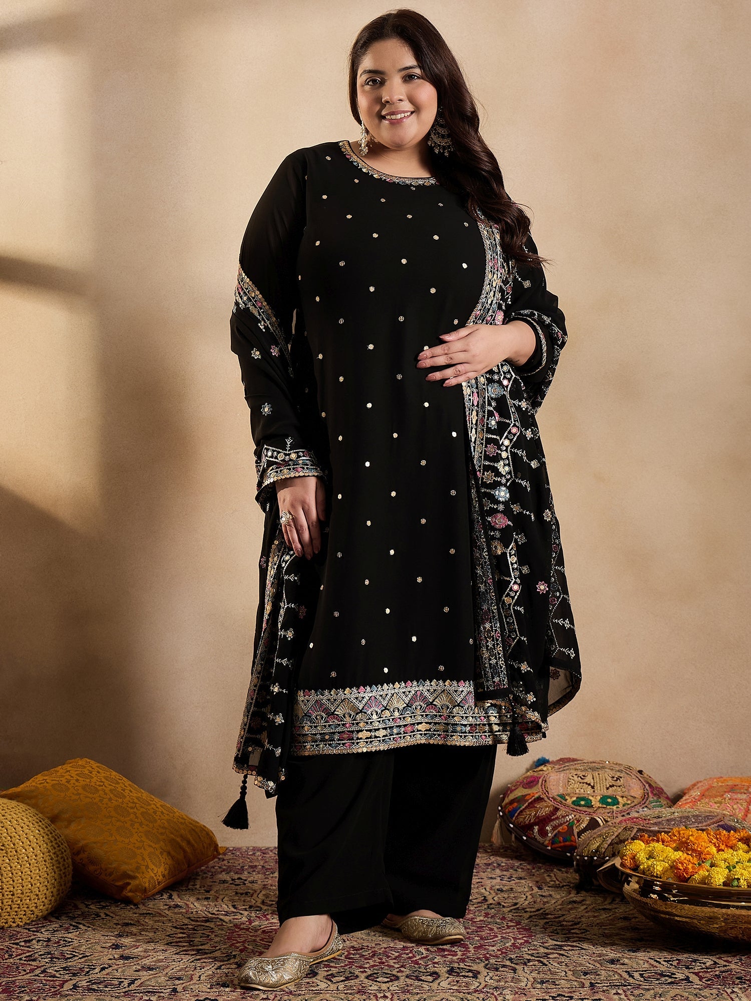 Ethnic Motifs Embroidered Thread Work Georgette Kurta with Palazzo & Dupatta - ID