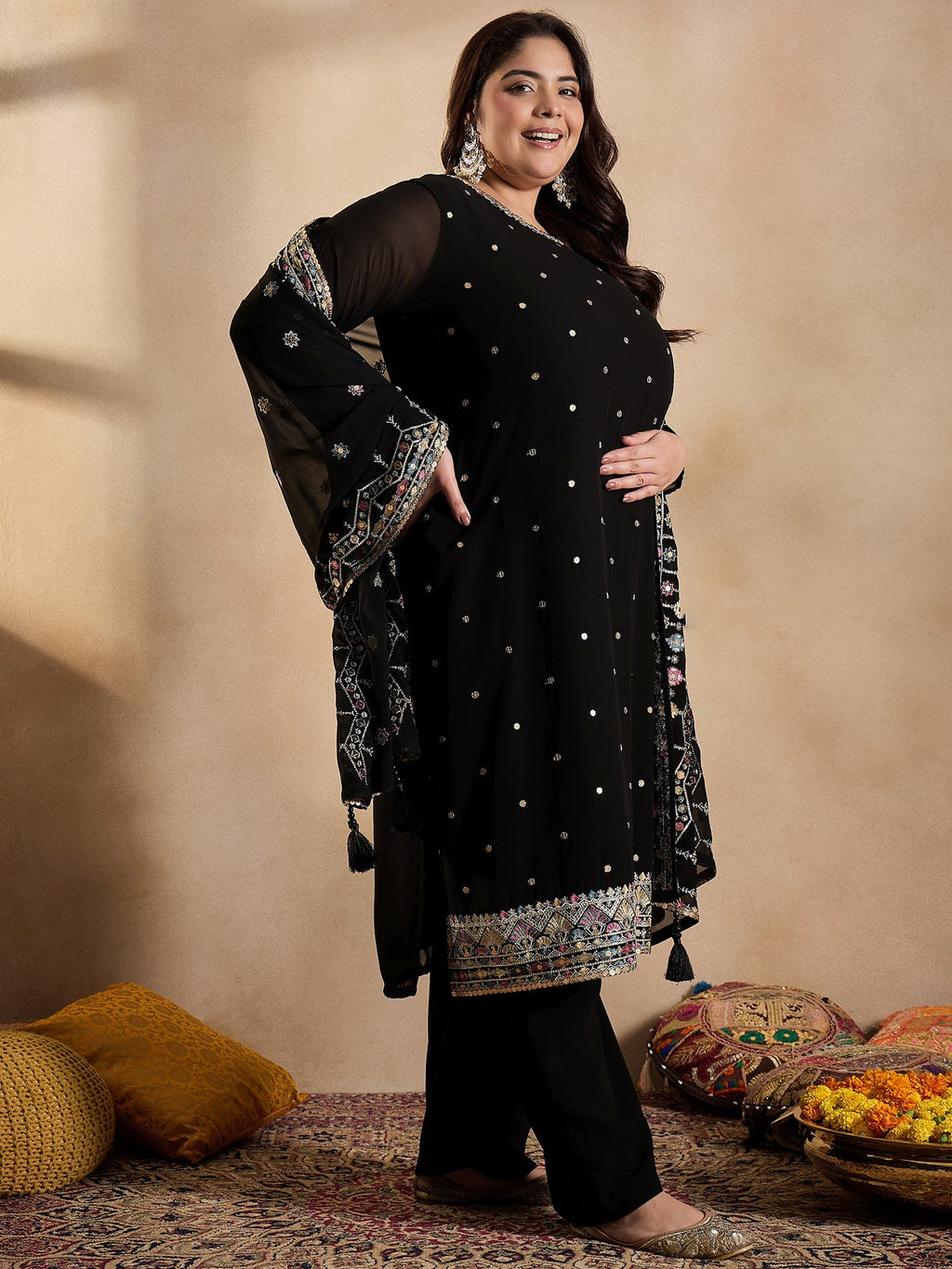 Ethnic Motifs Embroidered Thread Work Georgette Kurta with Palazzo & Dupatta - ID