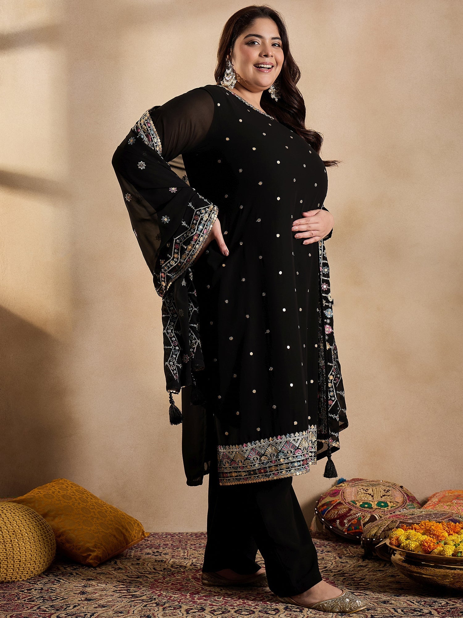 Ethnic Motifs Embroidered Thread Work Georgette Kurta with Palazzo & Dupatta - ID