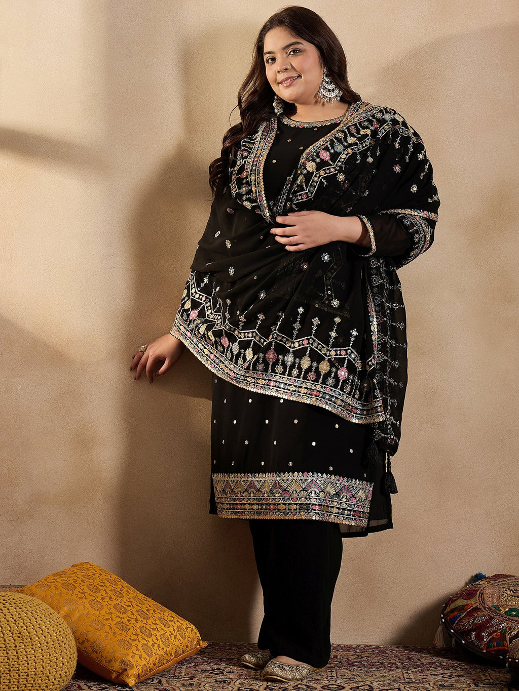Ethnic Motifs Embroidered Thread Work Georgette Kurta with Palazzo & Dupatta - ID