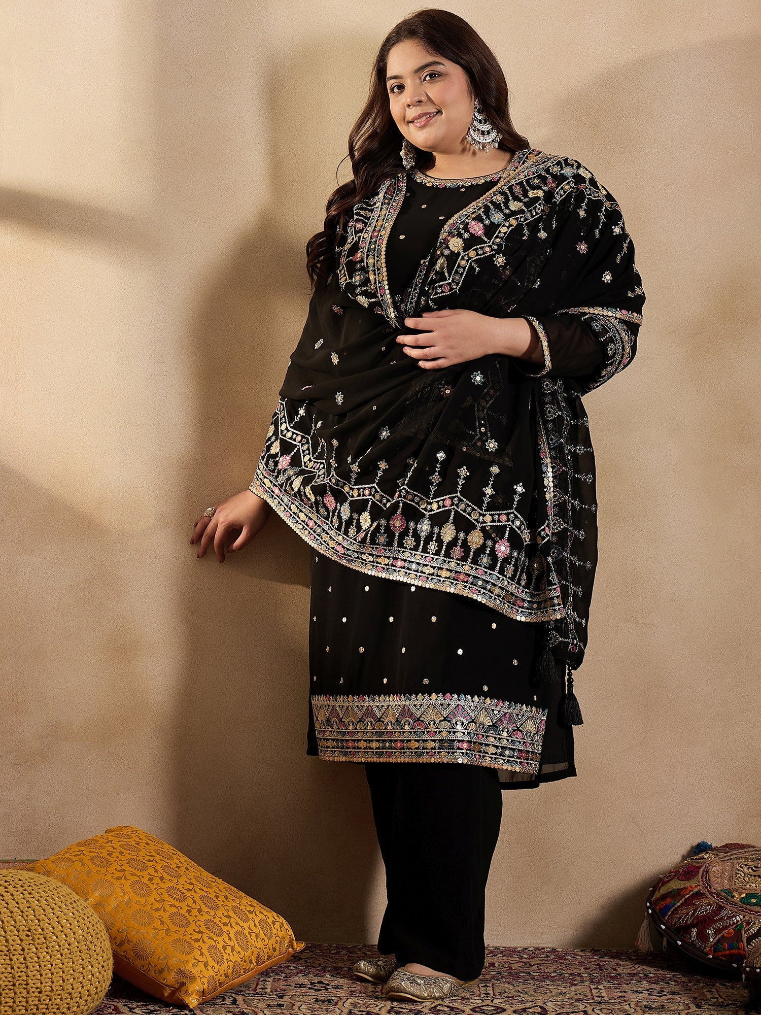 Ethnic Motifs Embroidered Thread Work Georgette Kurta with Palazzo & Dupatta - ID